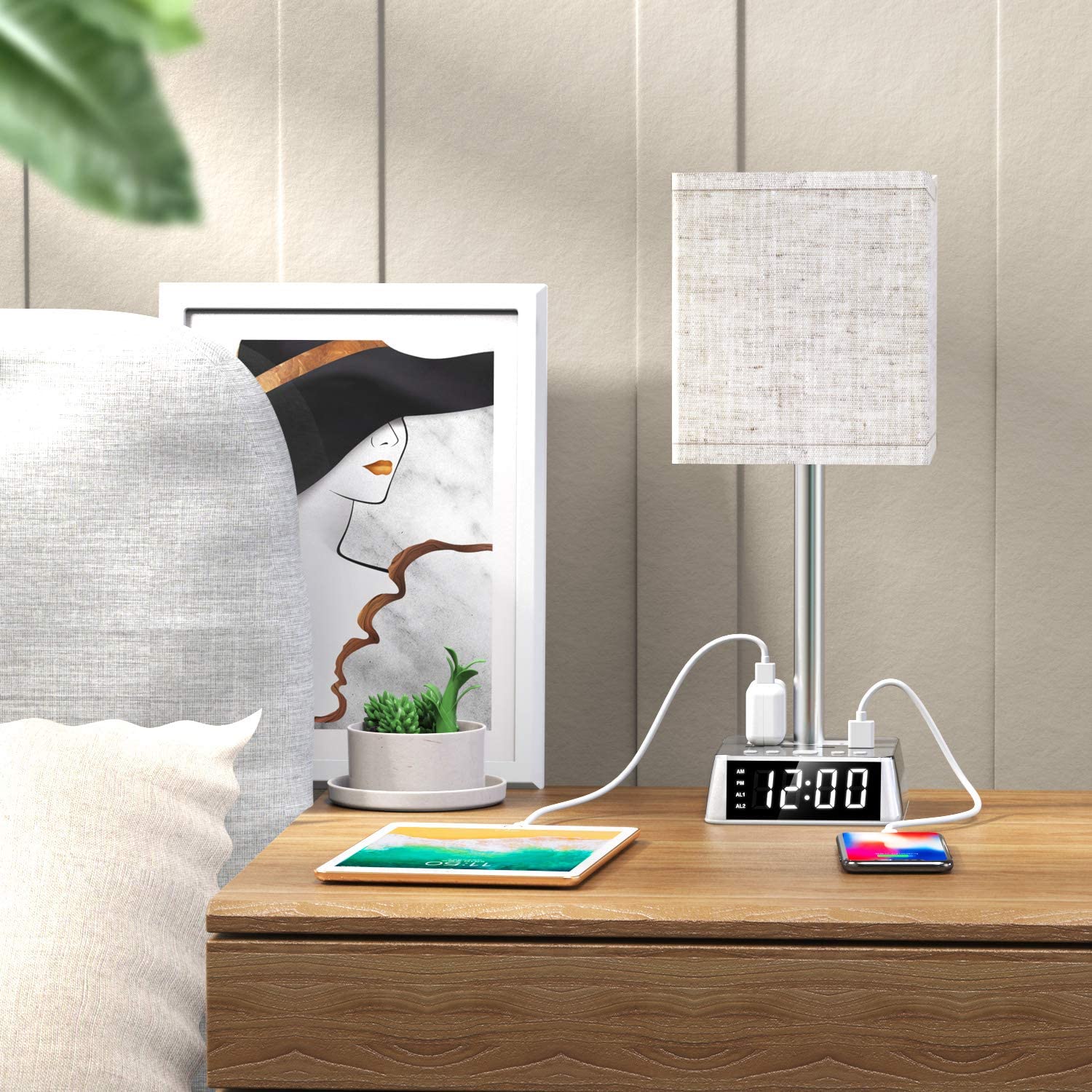Table Lamp, 4 USB Ports &amp; AC Power Outlets, Alarm Clock - pokemaTable Lamp, 4 USB Ports &amp; AC Power Outlets, Alarm Clock