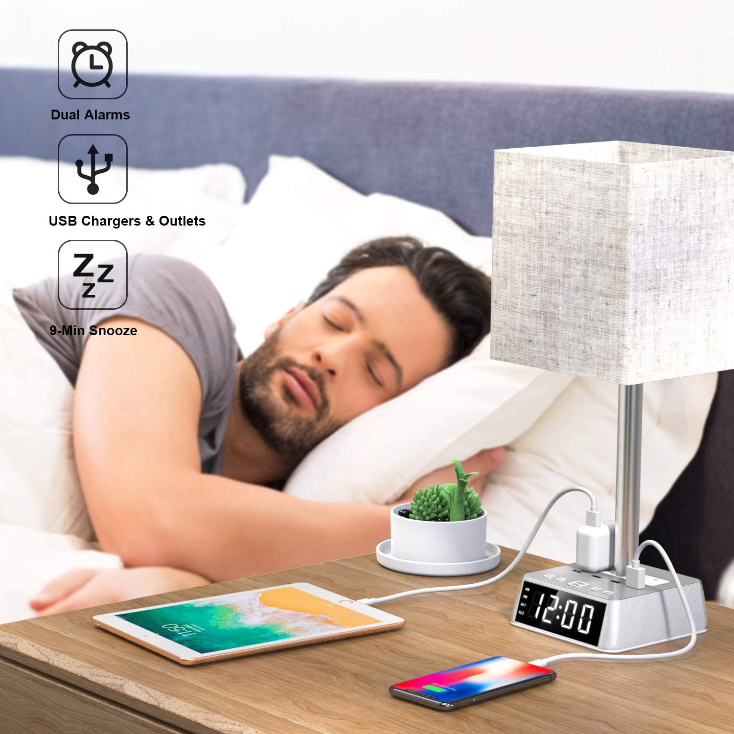 Table Lamp, 4 USB Ports &amp; AC Power Outlets, Alarm Clock - pokemaTable Lamp, 4 USB Ports &amp; AC Power Outlets, Alarm Clock
