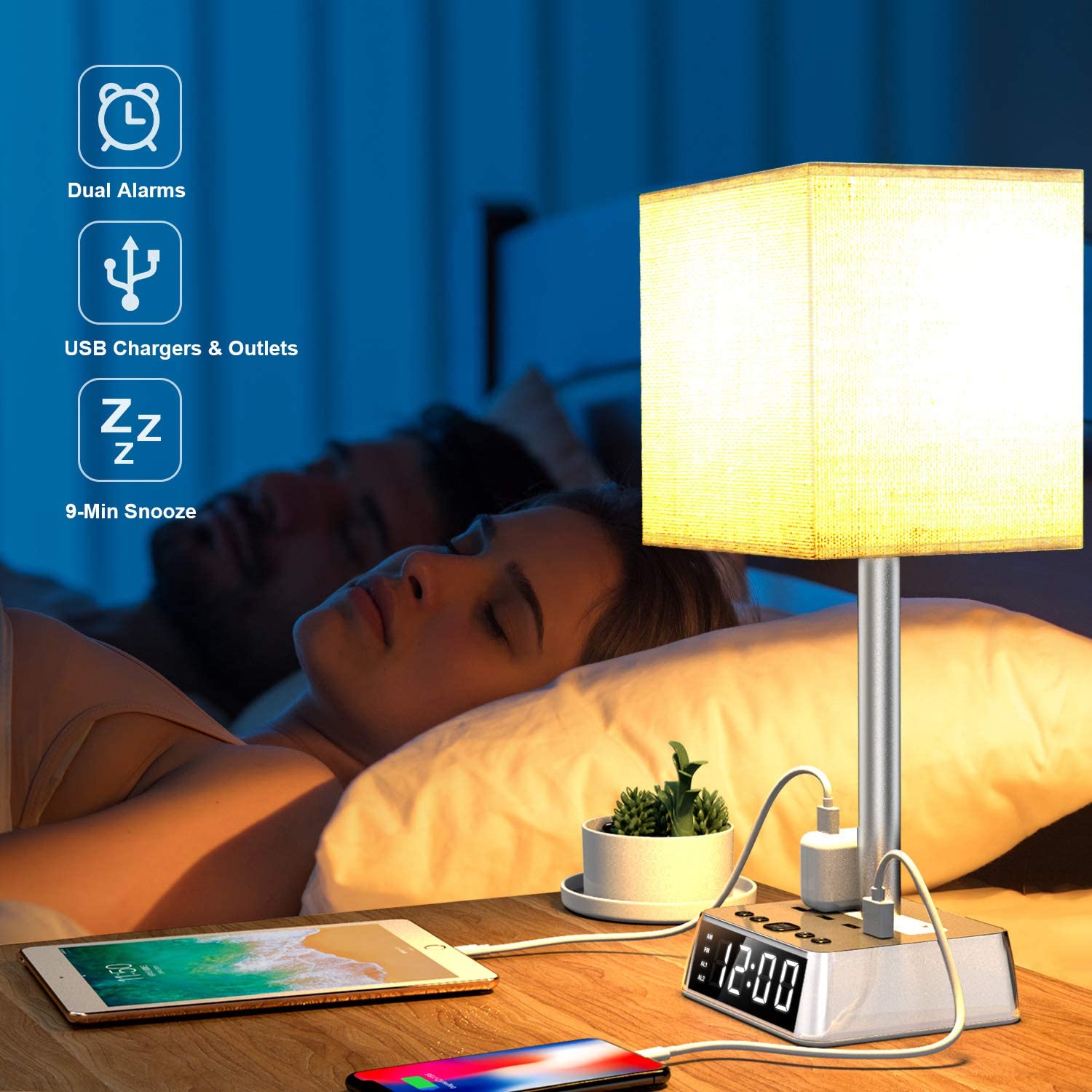 Table Lamp, 4 USB Ports &amp; AC Power Outlets, Alarm Clock - pokemaTable Lamp, 4 USB Ports &amp; AC Power Outlets, Alarm Clock