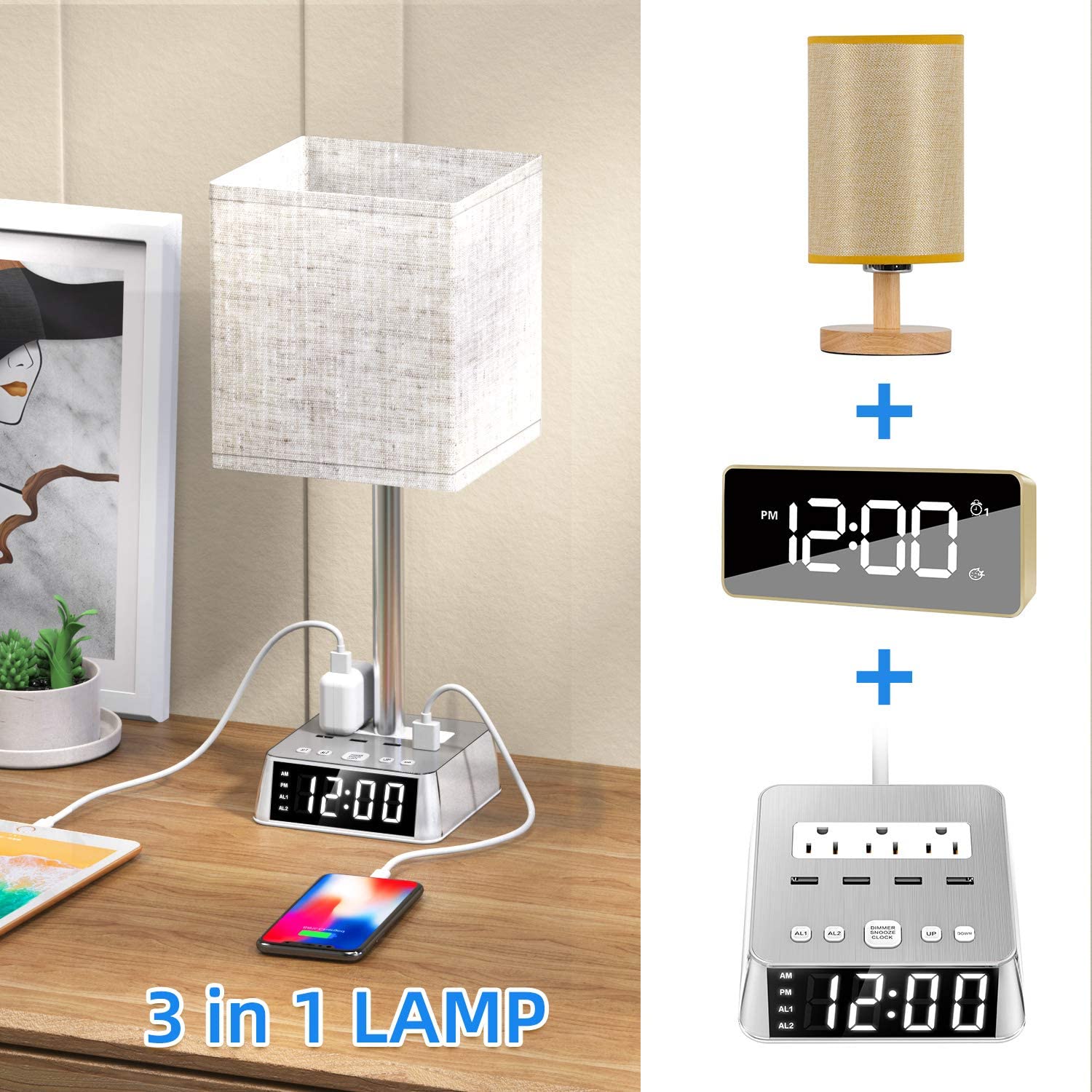 Table Lamp, 4 USB Ports &amp; AC Power Outlets, Alarm Clock - pokemaTable Lamp, 4 USB Ports &amp; AC Power Outlets, Alarm Clock