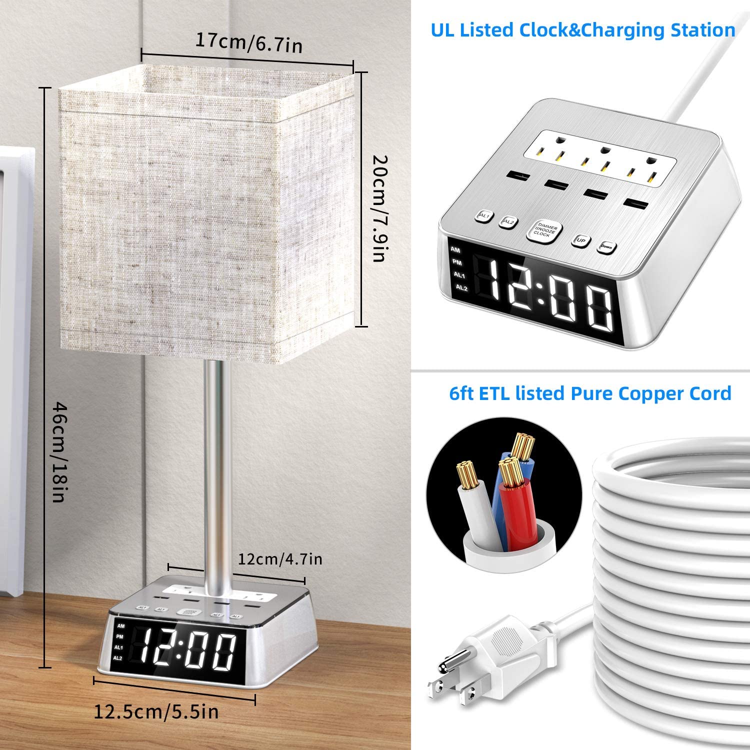 Table Lamp, 4 USB Ports &amp; AC Power Outlets, Alarm Clock - pokemaTable Lamp, 4 USB Ports &amp; AC Power Outlets, Alarm Clock