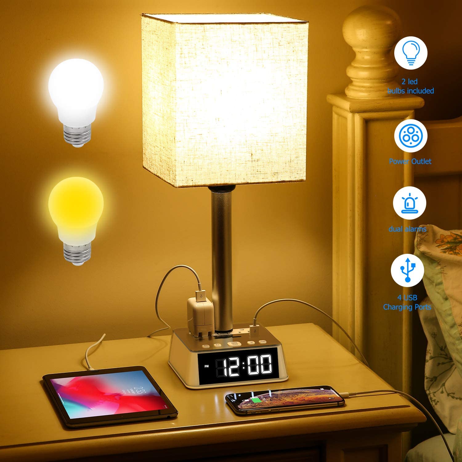 Table Lamp, 4 USB Ports &amp; AC Power Outlets, Alarm Clock - pokemaTable Lamp, 4 USB Ports &amp; AC Power Outlets, Alarm Clock