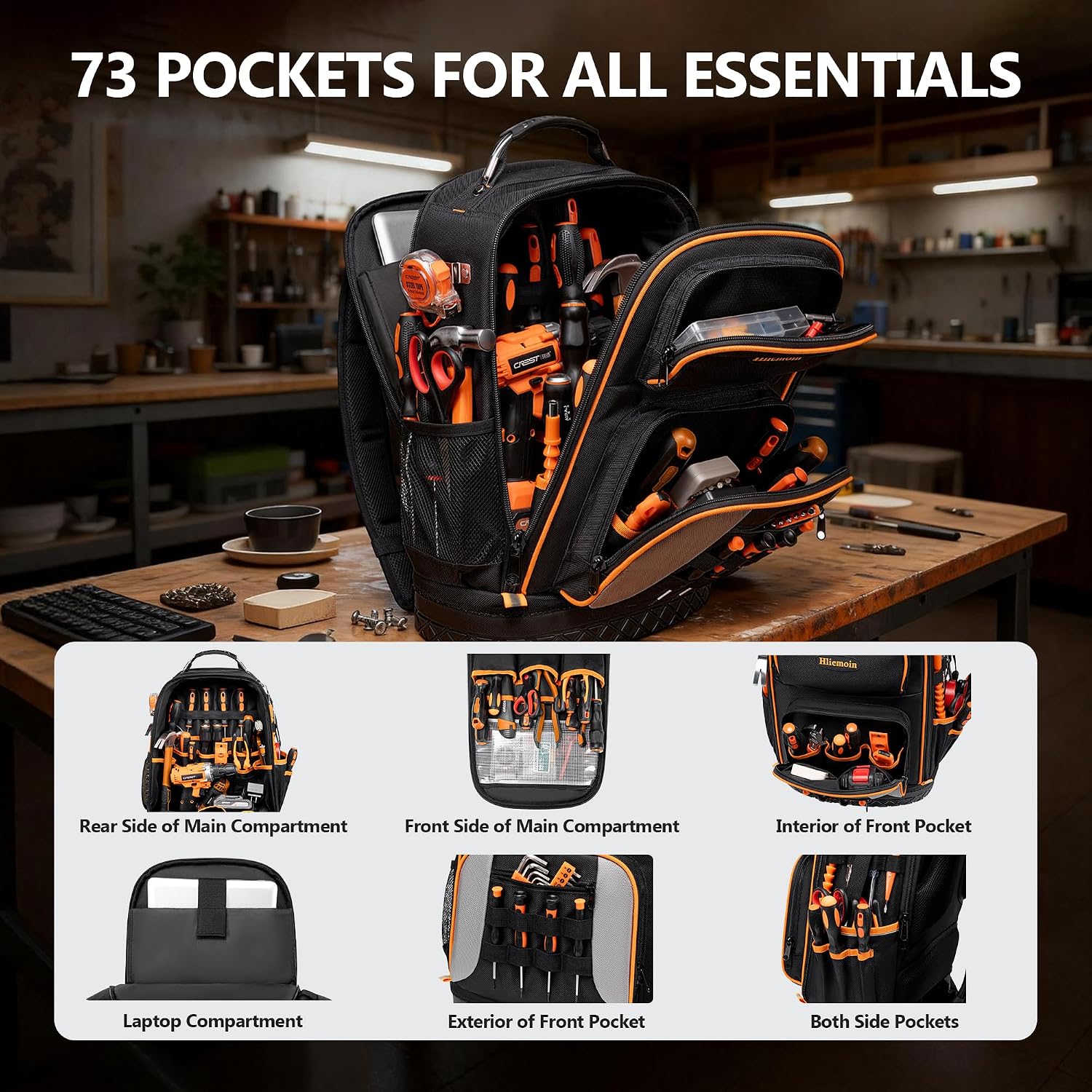 Tool Bag Backpack Heavy Duty 1680D Oxford, 75 Pockets & Loops Electrician Backpack, Large HVAC Tool Bags with Hard Bottom, Construction Work Technician Backpacks with 16’’ Laptop Compartment for Men - pokemaTool Bag Backpack Heavy Duty 1680D Oxford, 75 Pockets & Loops Electrician Backpack, Large HVAC Tool Bags with Hard Bottom, Construction Work Technician Backpacks with 16’’ Laptop Compartment for Men