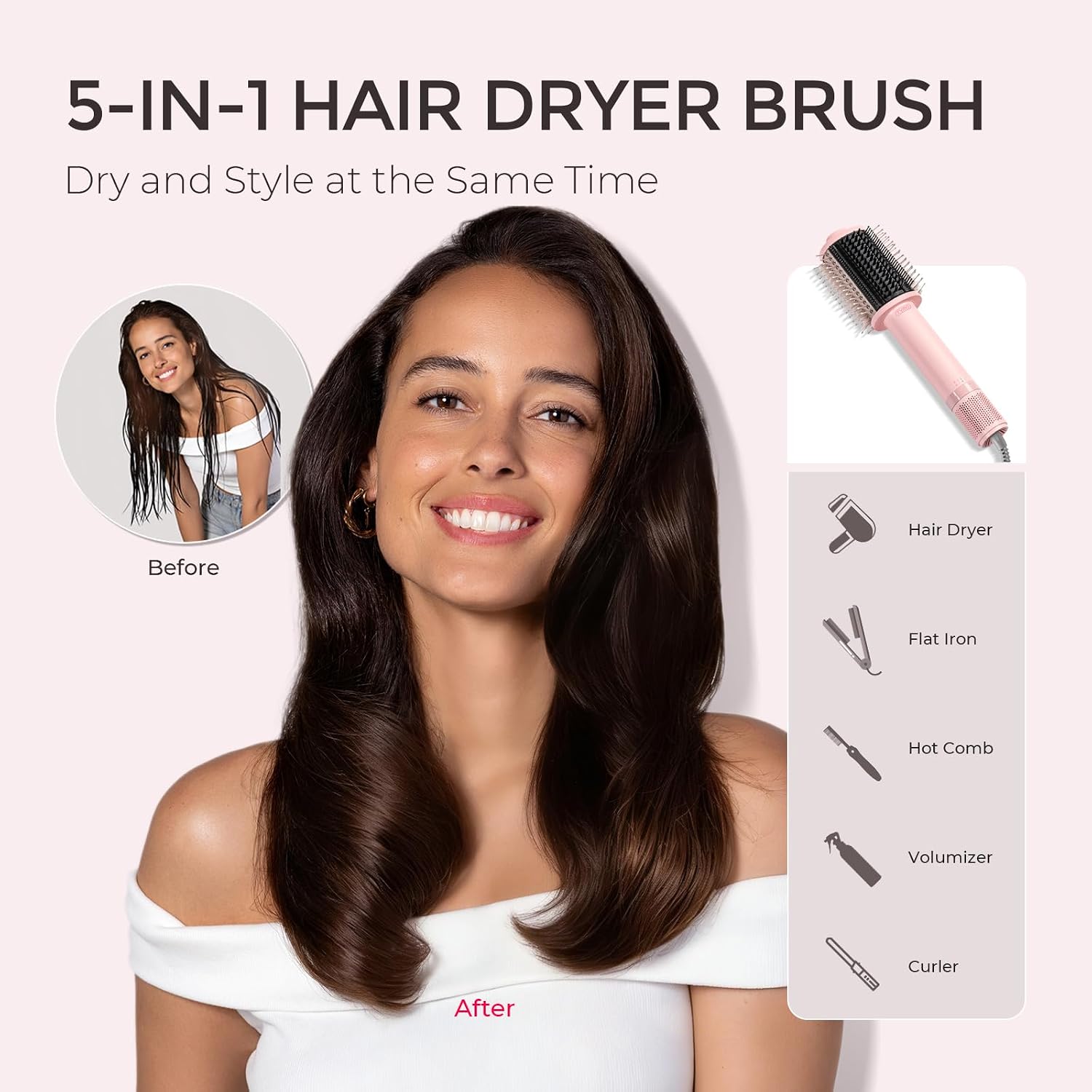 TYMO 4.0 Hair Blow Dryer Brush - Lightweight 3X Faster Drying 5-in-1 Ionic Blowout Hair Dryer Brush Adds Shine, Volume & Fullness for Smooth, Anti-Frizz Straight, Curl & Blowout Styles, Pink - pokemaTYMO 4.0 Hair Blow Dryer Brush - Lightweight 3X Faster Drying 5-in-1 Ionic Blowout Hair Dryer Brush Adds Shine, Volume & Fullness for Smooth, Anti-Frizz Straight, Curl & Blowout Styles, Pink