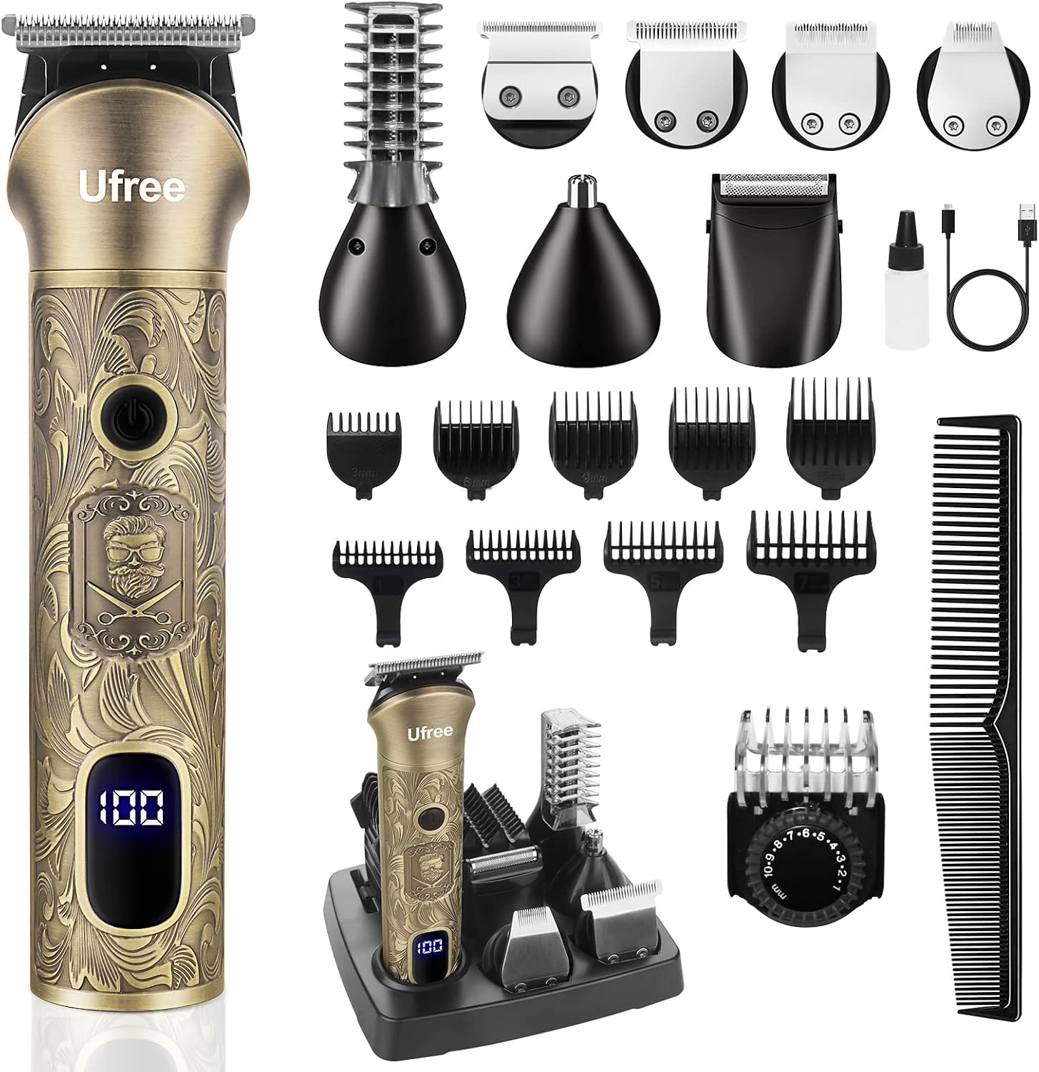 Ufree Hair Clippers for Men, Cordless Beard Trimmer, Grooming Kit, Bronze | T-Blade, 6500RPM, 1-22mm Adjustable Comb, Type-C, 180min Runtime, for Beard, Stubble, Nose and Crisp Edges, Men Gift - pokemaUfree Hair Clippers for Men, Cordless Beard Trimmer, Grooming Kit, Bronze | T-Blade, 6500RPM, 1-22mm Adjustable Comb, Type-C, 180min Runtime, for Beard, Stubble, Nose and Crisp Edges, Men Gift