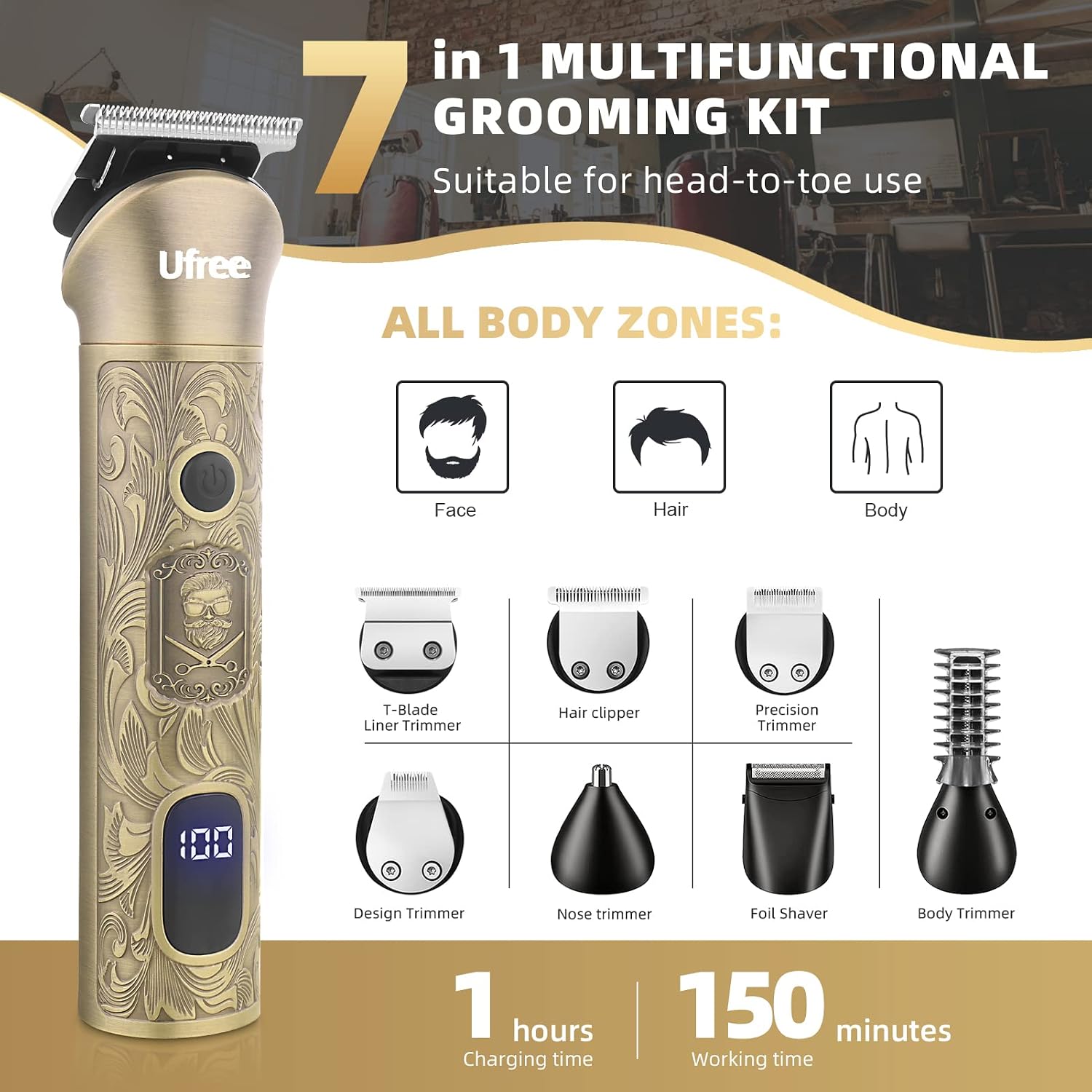 Ufree Hair Clippers for Men, Cordless Beard Trimmer, Grooming Kit, Bronze | T-Blade, 6500RPM, 1-22mm Adjustable Comb, Type-C, 180min Runtime, for Beard, Stubble, Nose and Crisp Edges, Men Gift - pokemaUfree Hair Clippers for Men, Cordless Beard Trimmer, Grooming Kit, Bronze | T-Blade, 6500RPM, 1-22mm Adjustable Comb, Type-C, 180min Runtime, for Beard, Stubble, Nose and Crisp Edges, Men Gift