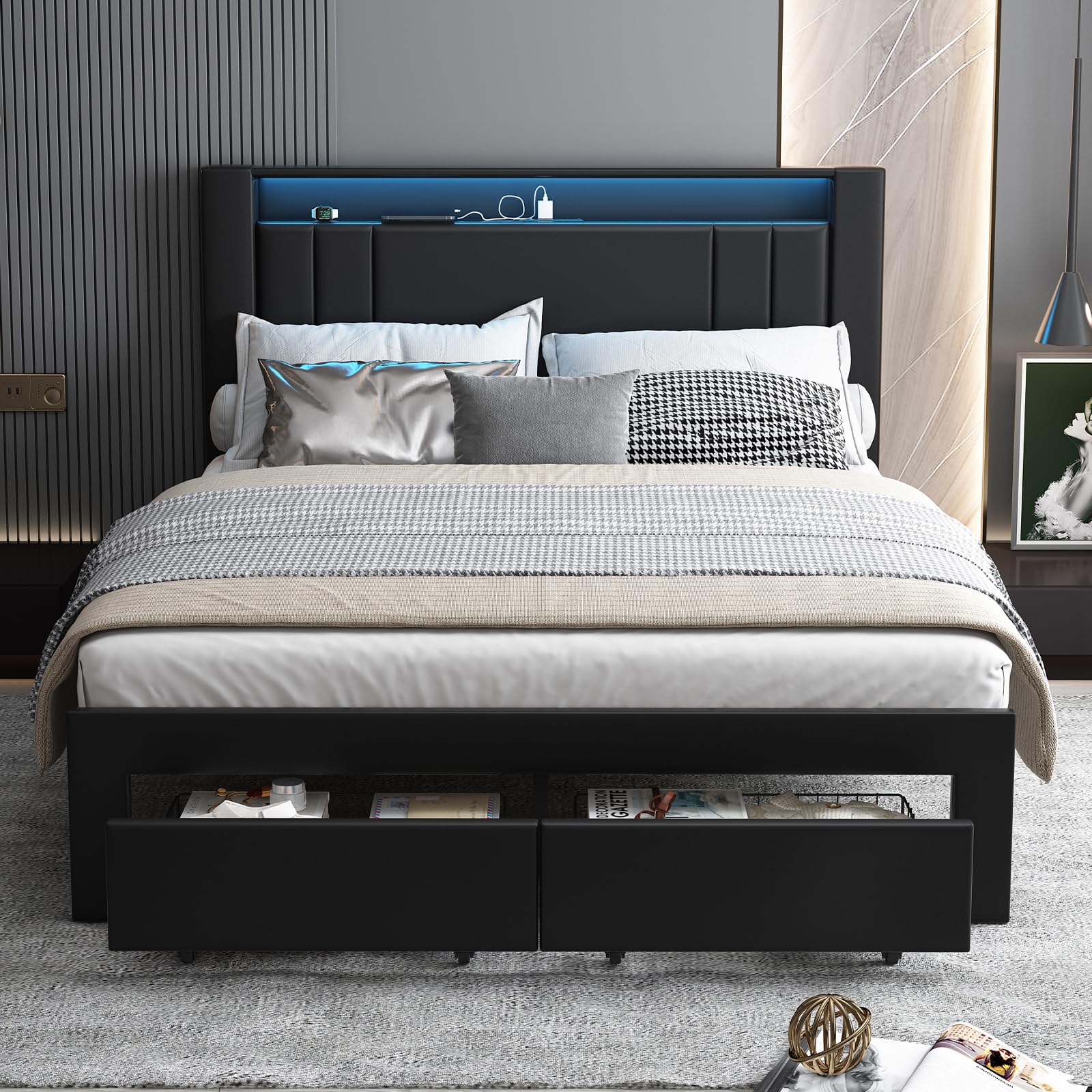 Upholstered Queen Bed Frame with LED Lights Leather Platform Bed with Storage Drawers and Charging Station, LED Bed Frame,No Box Spring Needed,Noise-Free (Grey, Full) - pokemaUpholstered Queen Bed Frame with LED Lights Leather Platform Bed with Storage Drawers and Charging Station, LED Bed Frame,No Box Spring Needed,Noise-Free (Grey, Full)