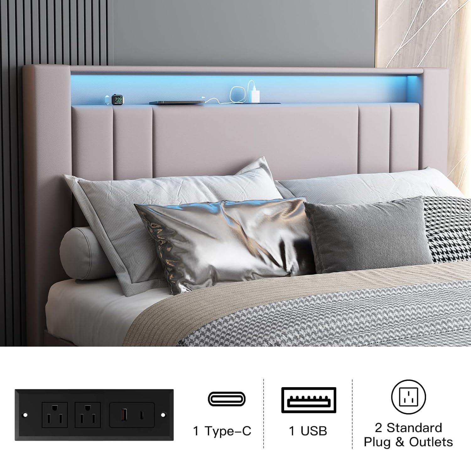Upholstered Queen Bed Frame with LED Lights Leather Platform Bed with Storage Drawers and Charging Station, LED Bed Frame,No Box Spring Needed,Noise-Free (Grey, Full) - pokemaUpholstered Queen Bed Frame with LED Lights Leather Platform Bed with Storage Drawers and Charging Station, LED Bed Frame,No Box Spring Needed,Noise-Free (Grey, Full)