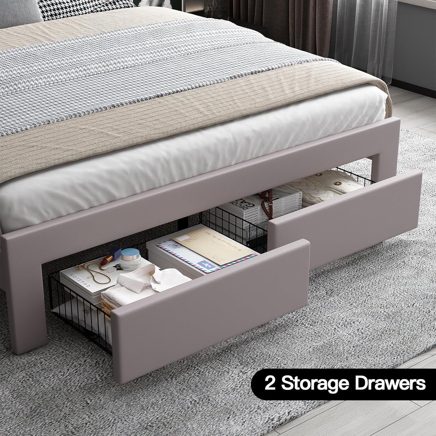 Upholstered Queen Bed Frame with LED Lights Leather Platform Bed with Storage Drawers and Charging Station, LED Bed Frame,No Box Spring Needed,Noise-Free (Grey, Full) - pokemaUpholstered Queen Bed Frame with LED Lights Leather Platform Bed with Storage Drawers and Charging Station, LED Bed Frame,No Box Spring Needed,Noise-Free (Grey, Full)