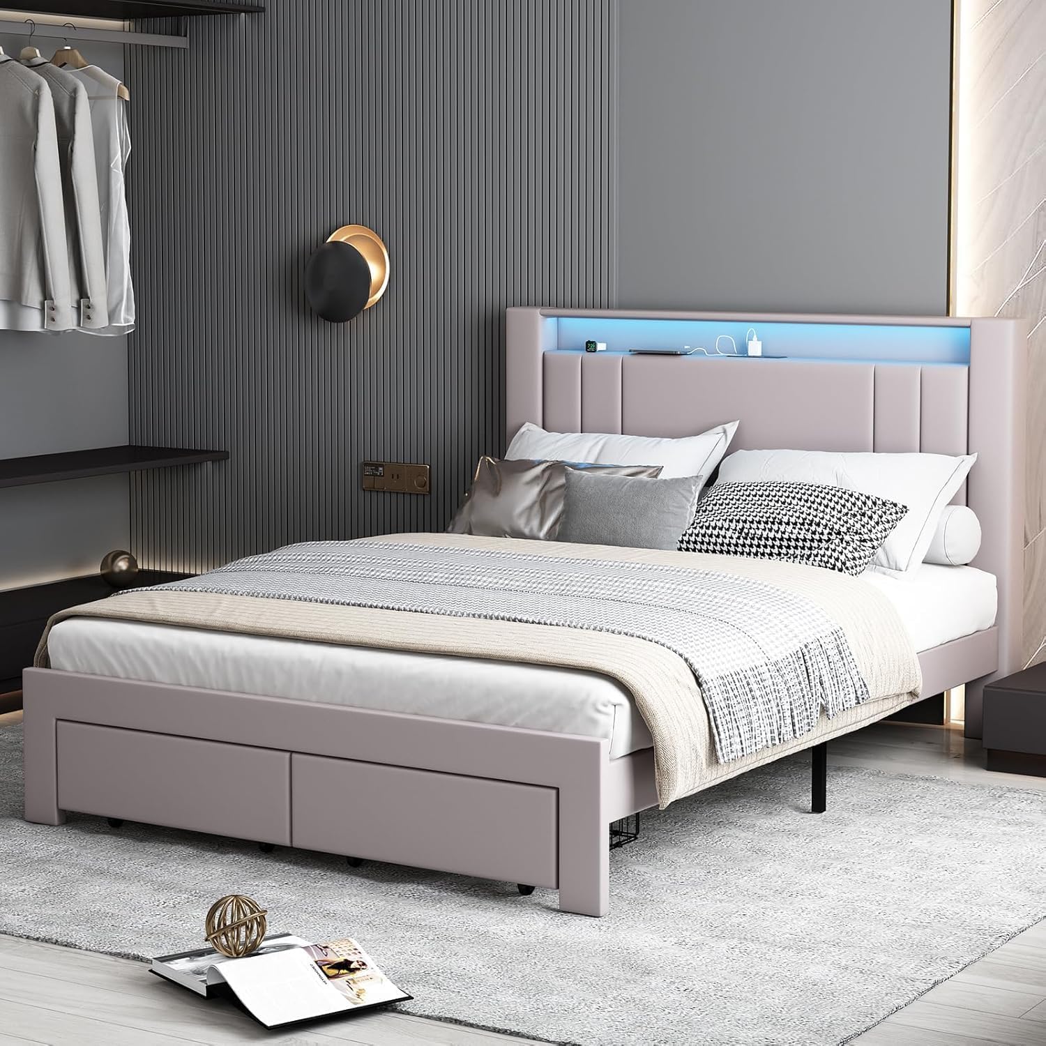 Upholstered Queen Bed Frame with LED Lights Leather Platform Bed with Storage Drawers and Charging Station, LED Bed Frame,No Box Spring Needed,Noise-Free (Grey, Full) - pokemaUpholstered Queen Bed Frame with LED Lights Leather Platform Bed with Storage Drawers and Charging Station, LED Bed Frame,No Box Spring Needed,Noise-Free (Grey, Full)