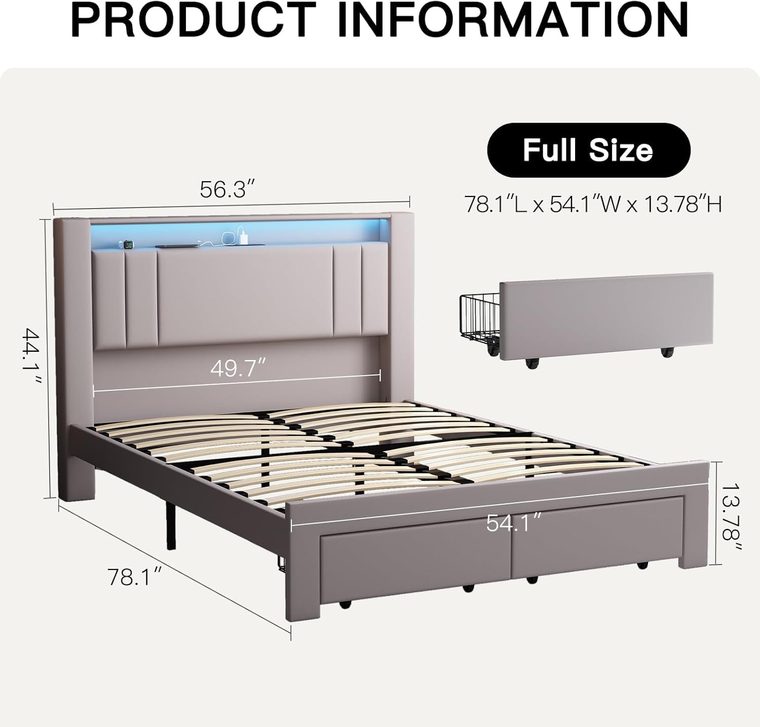 Upholstered Queen Bed Frame with LED Lights Leather Platform Bed with Storage Drawers and Charging Station, LED Bed Frame,No Box Spring Needed,Noise-Free (Grey, Full) - pokemaUpholstered Queen Bed Frame with LED Lights Leather Platform Bed with Storage Drawers and Charging Station, LED Bed Frame,No Box Spring Needed,Noise-Free (Grey, Full)