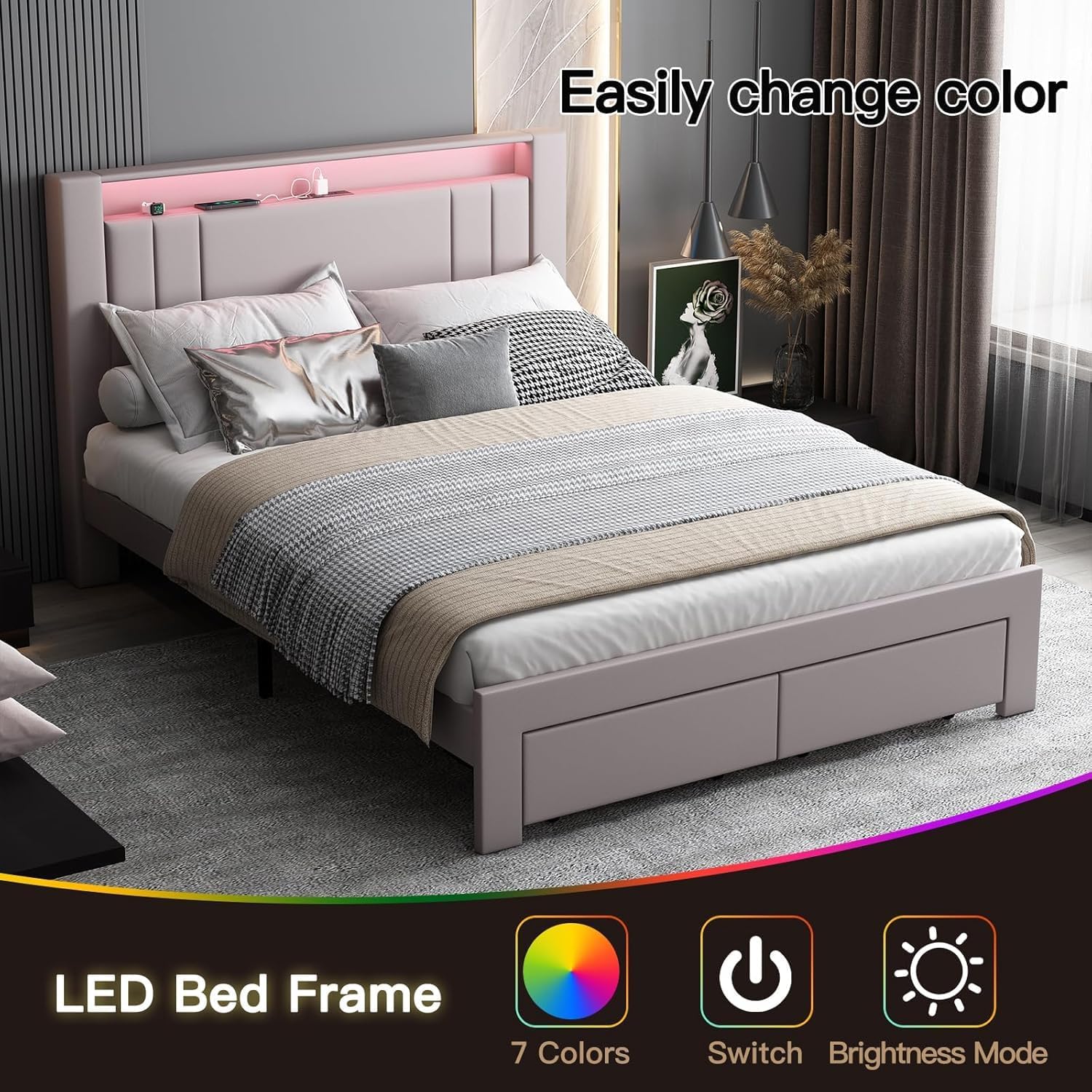 Upholstered Queen Bed Frame with LED Lights Leather Platform Bed with Storage Drawers and Charging Station, LED Bed Frame,No Box Spring Needed,Noise-Free (Grey, Full) - pokemaUpholstered Queen Bed Frame with LED Lights Leather Platform Bed with Storage Drawers and Charging Station, LED Bed Frame,No Box Spring Needed,Noise-Free (Grey, Full)