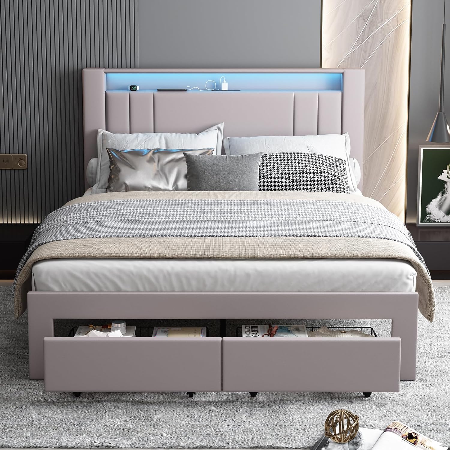 Upholstered Queen Bed Frame with LED Lights Leather Platform Bed with Storage Drawers and Charging Station, LED Bed Frame,No Box Spring Needed,Noise-Free (Grey, Full) - pokemaUpholstered Queen Bed Frame with LED Lights Leather Platform Bed with Storage Drawers and Charging Station, LED Bed Frame,No Box Spring Needed,Noise-Free (Grey, Full)