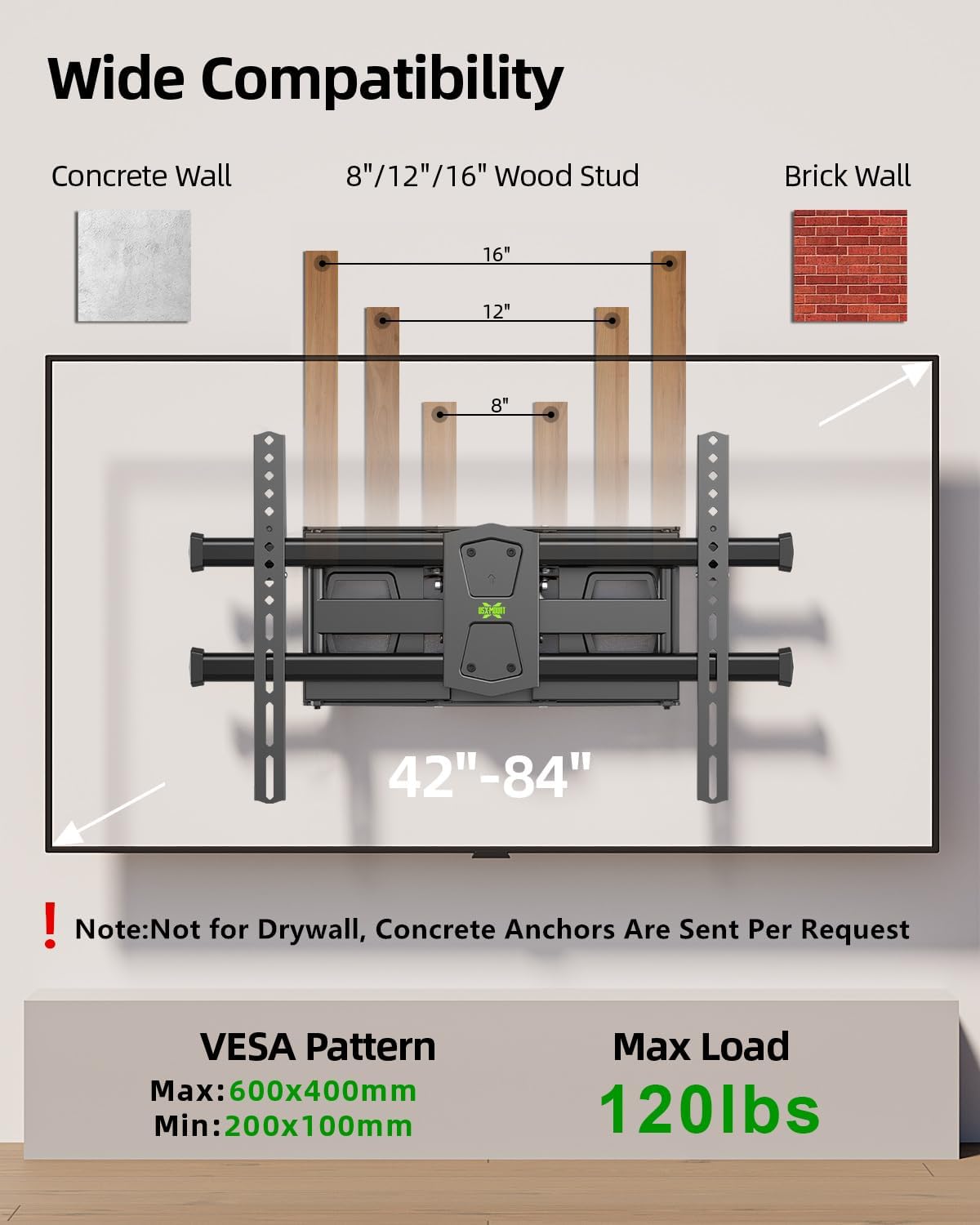 USX MOUNT Full Motion TV Wall Mount for 42"-84" TVs, Swivel and Tilt TV Mount, Wall Mount TV Bracket with Articulating 6 Arms, Max VESA 600x400mm, 120 lbs, 16" Wood Studs with Wall Drilling Template - pokemaUSX MOUNT Full Motion TV Wall Mount for 42"-84" TVs, Swivel and Tilt TV Mount, Wall Mount TV Bracket with Articulating 6 Arms, Max VESA 600x400mm, 120 lbs, 16" Wood Studs with Wall Drilling Template