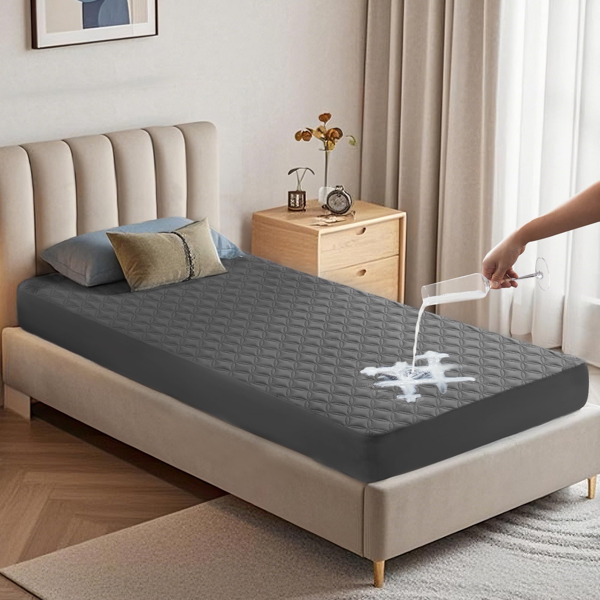 Waterproof Mattress Protector, Noiseless Queen Size Mattress Pad with Deep Pocket Fitted Up to 6"-21", Soft & Breathable Dirt-Proof Bed Mattress Cover Washable for Home, Bedroom, Hotel (Gray) - pokemaWaterproof Mattress Protector, Noiseless Queen Size Mattress Pad with Deep Pocket Fitted Up to 6"-21", Soft & Breathable Dirt-Proof Bed Mattress Cover Washable for Home, Bedroom, Hotel (Gray)