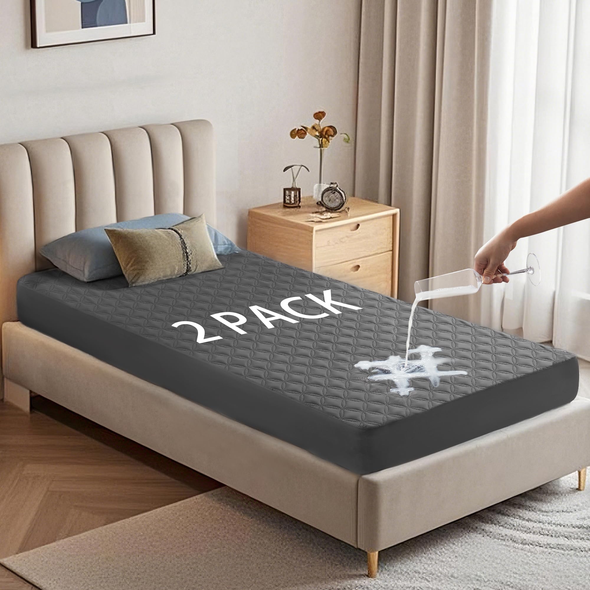 Waterproof Mattress Protector, Noiseless Queen Size Mattress Pad with Deep Pocket Fitted Up to 6"-21", Soft & Breathable Dirt-Proof Bed Mattress Cover Washable for Home, Bedroom, Hotel (Gray) - pokemaWaterproof Mattress Protector, Noiseless Queen Size Mattress Pad with Deep Pocket Fitted Up to 6"-21", Soft & Breathable Dirt-Proof Bed Mattress Cover Washable for Home, Bedroom, Hotel (Gray)