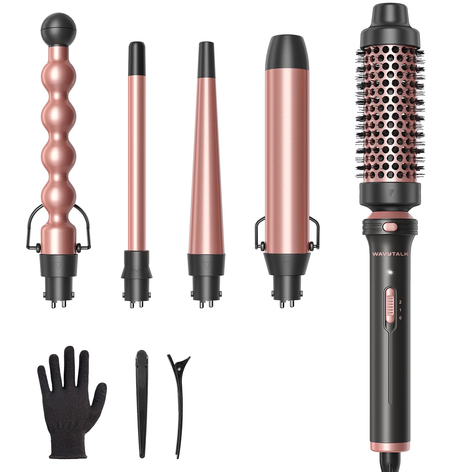 Wavytalk 5 in 1 Curling Wand Set, Curling Iron Set with Thermal Brush and 4 Interchangeable Anti-Frizz Ceramic Barrels (0.5”-1.25”), Dual Voltage Hair Curler with Less Heat Damage, Instant Heat Up, Rose Gold - pokemaWavytalk 5 in 1 Curling Wand Set, Curling Iron Set with Thermal Brush and 4 Interchangeable Anti-Frizz Ceramic Barrels (0.5”-1.25”), Dual Voltage Hair Curler with Less Heat Damage, Instant Heat Up, Rose Gold