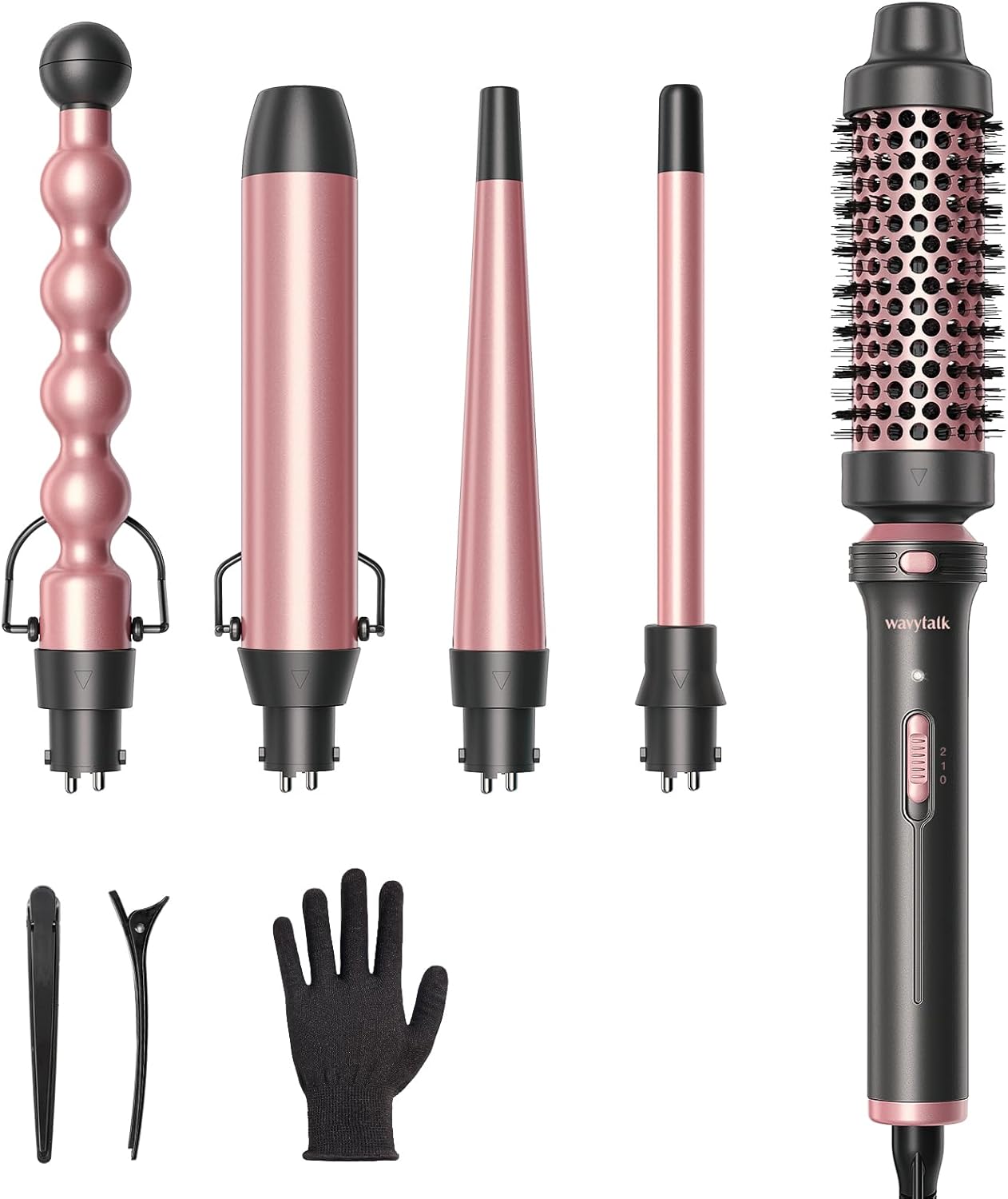 Wavytalk 5 in 1 Curling Wand Set, Curling Iron Set with Thermal Brush and 4 Interchangeable Anti-Frizz Ceramic Barrels (0.5”-1.25”), Dual Voltage Hair Curler with Less Heat Damage, Instant Heat Up, Rose Gold - pokemaWavytalk 5 in 1 Curling Wand Set, Curling Iron Set with Thermal Brush and 4 Interchangeable Anti-Frizz Ceramic Barrels (0.5”-1.25”), Dual Voltage Hair Curler with Less Heat Damage, Instant Heat Up, Rose Gold