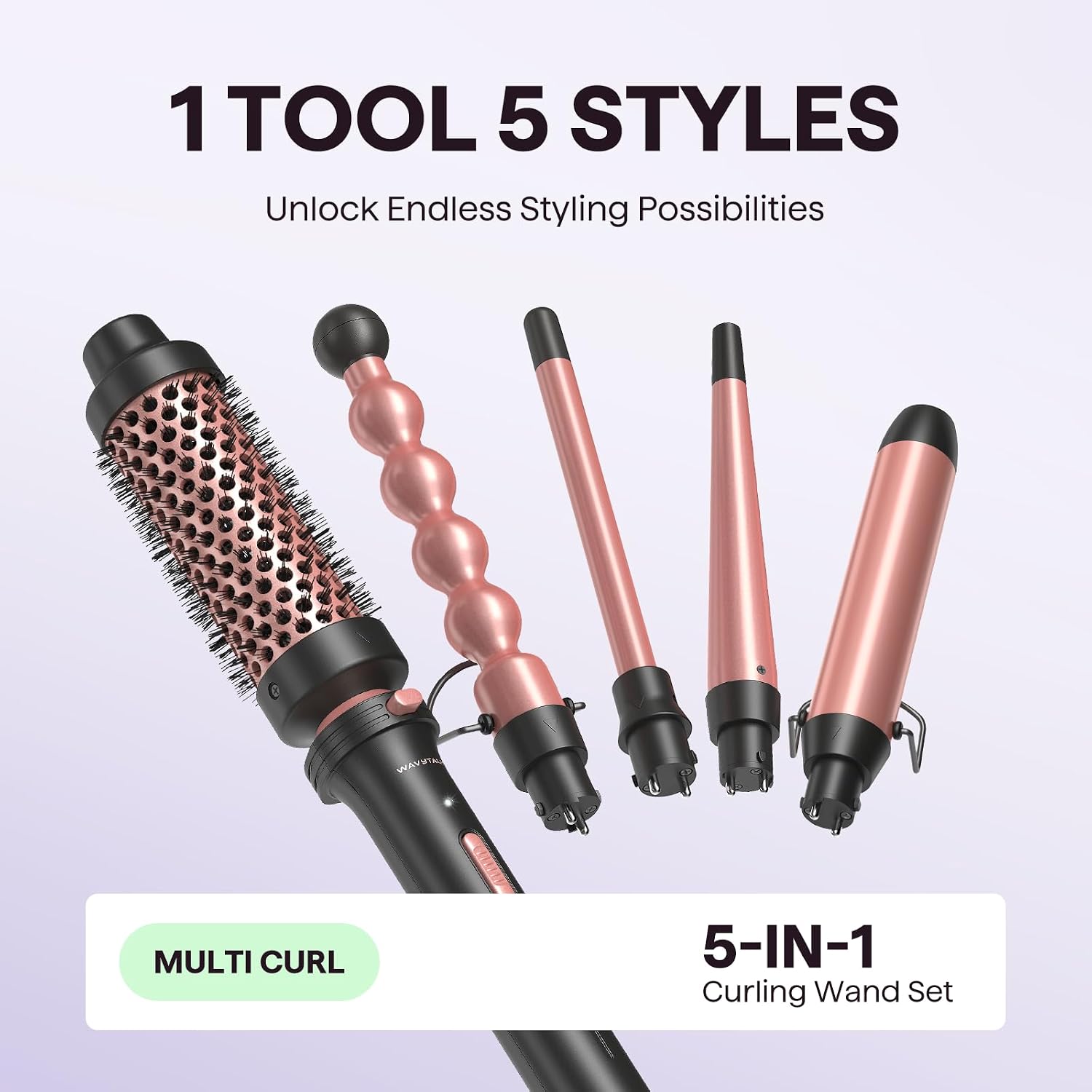 Wavytalk 5 in 1 Curling Wand Set, Curling Iron Set with Thermal Brush and 4 Interchangeable Anti-Frizz Ceramic Barrels (0.5”-1.25”), Dual Voltage Hair Curler with Less Heat Damage, Instant Heat Up, Rose Gold - pokemaWavytalk 5 in 1 Curling Wand Set, Curling Iron Set with Thermal Brush and 4 Interchangeable Anti-Frizz Ceramic Barrels (0.5”-1.25”), Dual Voltage Hair Curler with Less Heat Damage, Instant Heat Up, Rose Gold