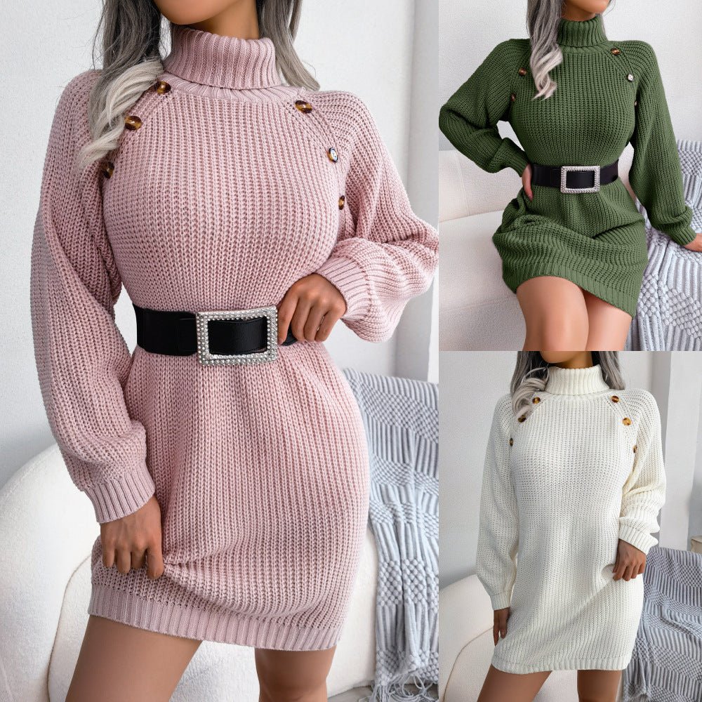 Winter Turtleneck Long Sweater Dress With Button Design Leisure Clinch Long Sleeve Base Sweater Women - pokema5f6420c2f8453282dd7168016836a525