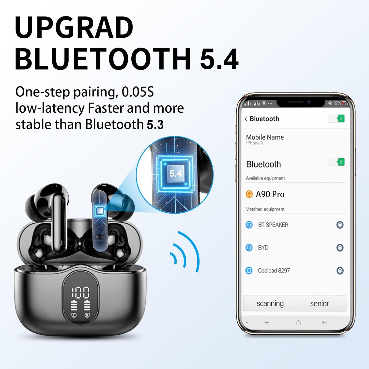 Wireless Earbuds, Bluetooth Headphones 5.4 HiFi Stereo, Wireless Earphones with ENC Noise Cancelling Mic, IP7 Waterproof in Ear Headphones, LED Digital Display Ear Buds, Touch Control, Black - pokemaWireless Earbuds, Bluetooth Headphones 5.4 HiFi Stereo, Wireless Earphones with ENC Noise Cancelling Mic, IP7 Waterproof in Ear Headphones, LED Digital Display Ear Buds, Touch Control, Black