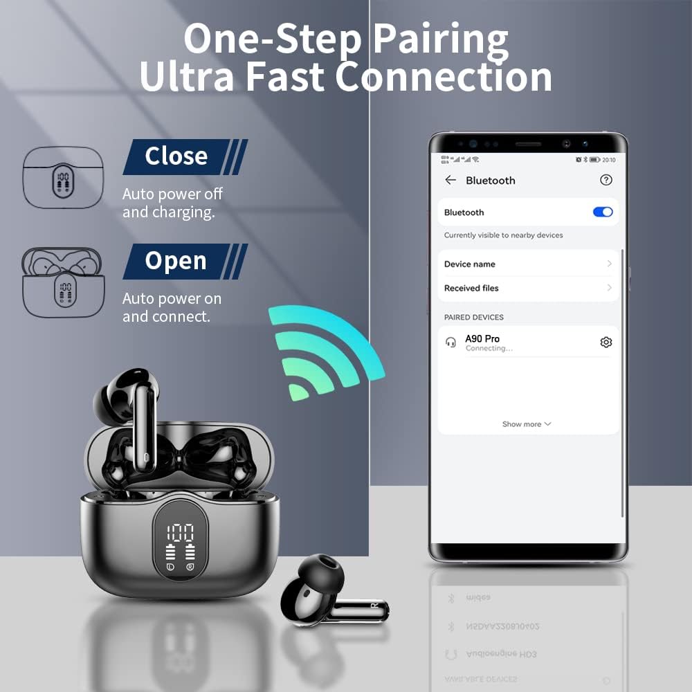 Wireless Earbuds, Bluetooth Headphones 5.4 HiFi Stereo, Wireless Earphones with ENC Noise Cancelling Mic, IP7 Waterproof in Ear Headphones, LED Digital Display Ear Buds, Touch Control, Black - pokemaWireless Earbuds, Bluetooth Headphones 5.4 HiFi Stereo, Wireless Earphones with ENC Noise Cancelling Mic, IP7 Waterproof in Ear Headphones, LED Digital Display Ear Buds, Touch Control, Black