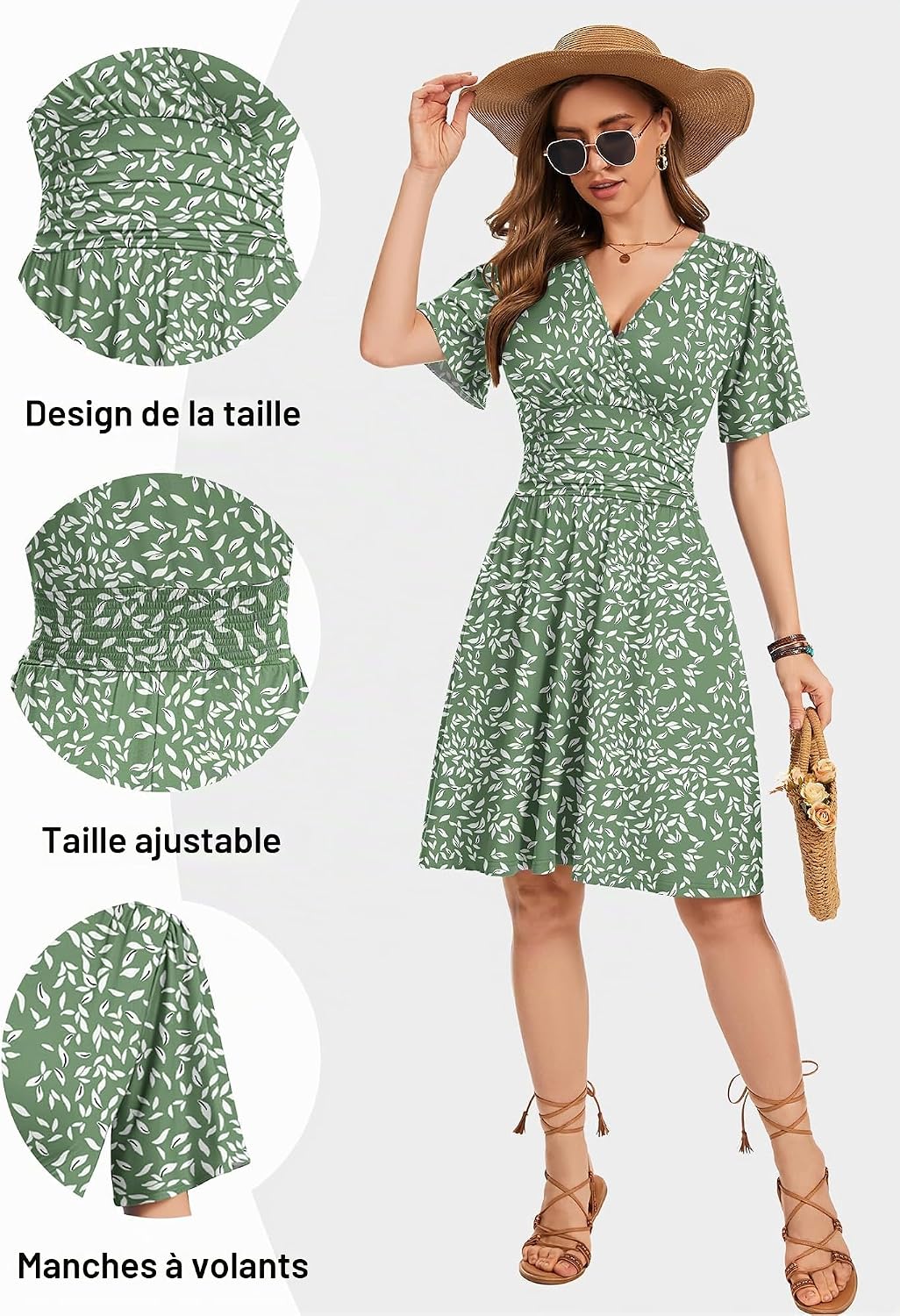 WNEEDU Robe d'été 2026 pour femme avec col en V, coupe trapèze, longueur genou, robe d'été décontractée avec poches - pokemaWNEEDU Robe d'été 2026 pour femme avec col en V, coupe trapèze, longueur genou, robe d'été décontractée avec poches