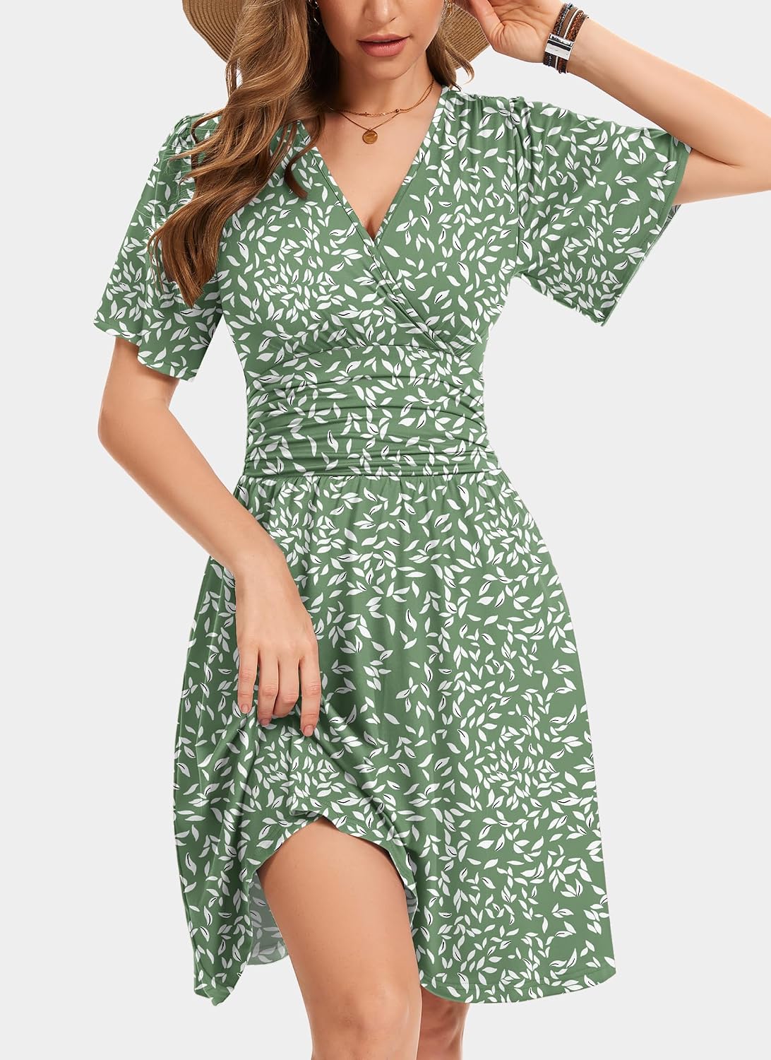 WNEEDU Robe d'été 2026 pour femme avec col en V, coupe trapèze, longueur genou, robe d'été décontractée avec poches - pokemaWNEEDU Robe d'été 2026 pour femme avec col en V, coupe trapèze, longueur genou, robe d'été décontractée avec poches