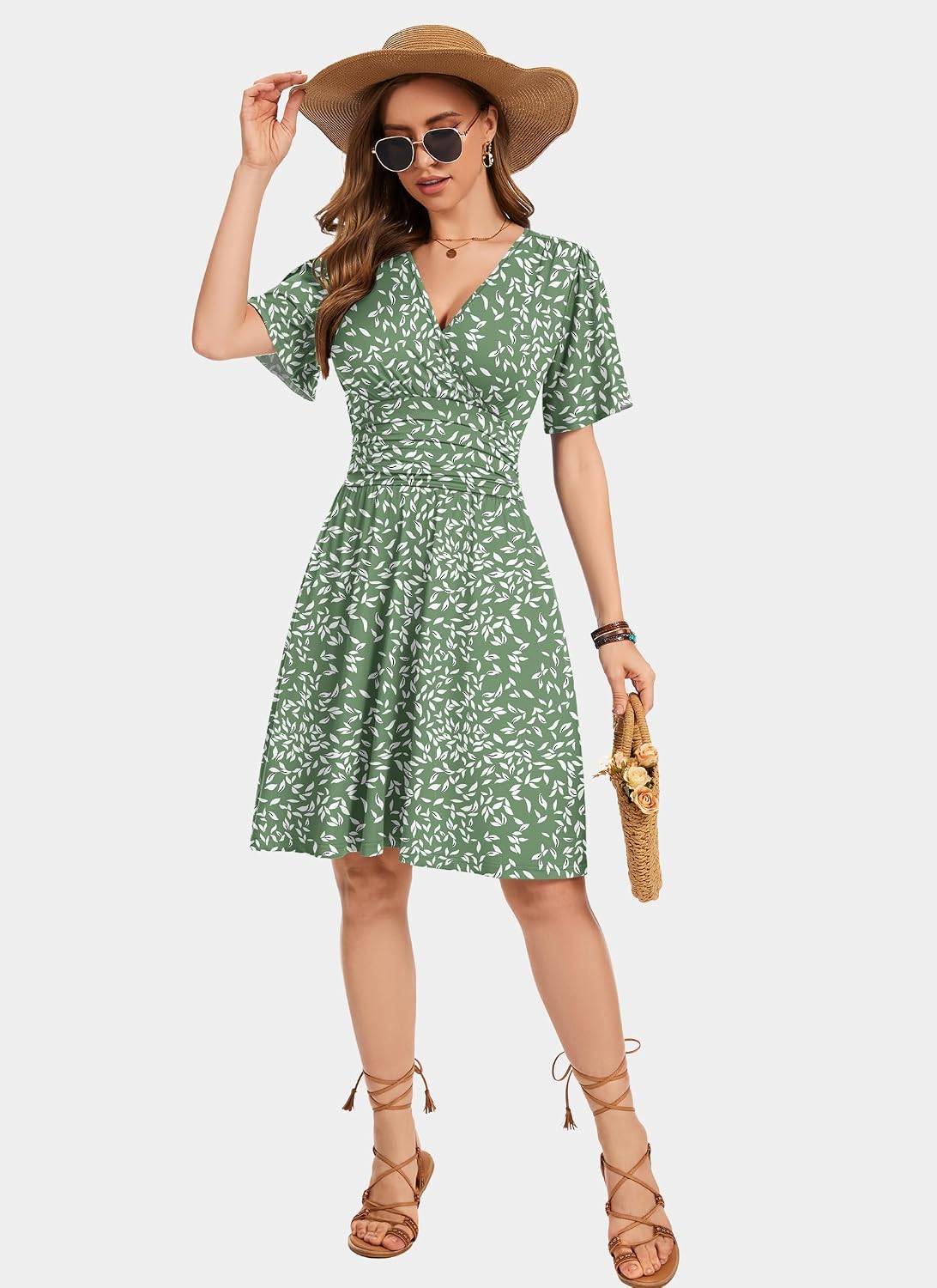 WNEEDU Robe d'été 2026 pour femme avec col en V, coupe trapèze, longueur genou, robe d'été décontractée avec poches - pokemaWNEEDU Robe d'été 2026 pour femme avec col en V, coupe trapèze, longueur genou, robe d'été décontractée avec poches