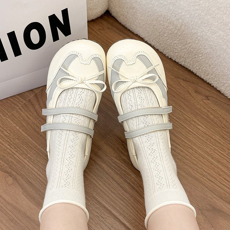 Women Sweet Bow Knot Double Strap Mary Jane Flats, Two Tone Spliced Round Toe Non Slip Casual Flat Shoes - pokema99a0484d4426c0d4eb5c7ff7fd21f7e4