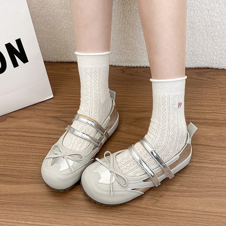 Women Sweet Bow Knot Double Strap Mary Jane Flats, Two Tone Spliced Round Toe Non Slip Casual Flat Shoes - pokemaad581bbf36f737c099153d25a1ede181