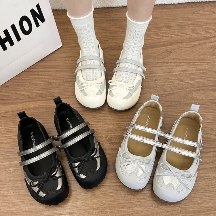 Women Sweet Bow Knot Double Strap Mary Jane Flats, Two Tone Spliced Round Toe Non Slip Casual Flat Shoes - pokema643fcd8f0ece01c081018818dc23f5d