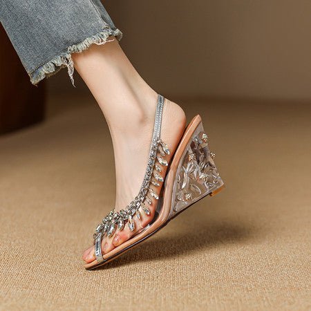 Women's 8cm EuropeanAmerican Transparent Rhinestone Sandals, Summer New Wedge Genuine Leather PeepToe Sexy Crystal High Heels - pokema5cd5b06928b123fcd97ac1fec3c77aef