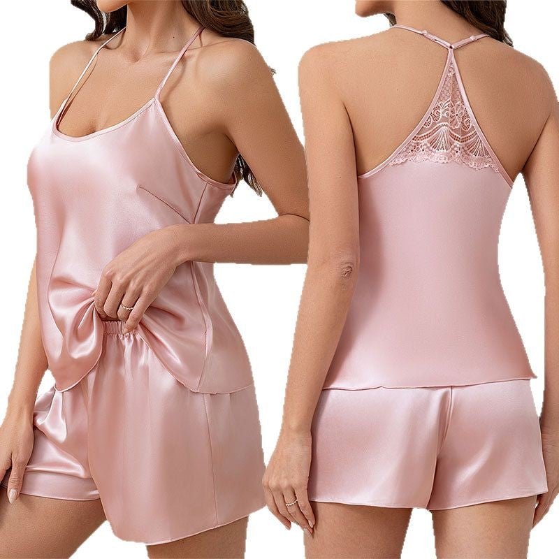 Womens Casual Silk Pajamas Solid-Color Lace Loungewear Set - pokemae90ef2307270479a8f21998a3837ded7