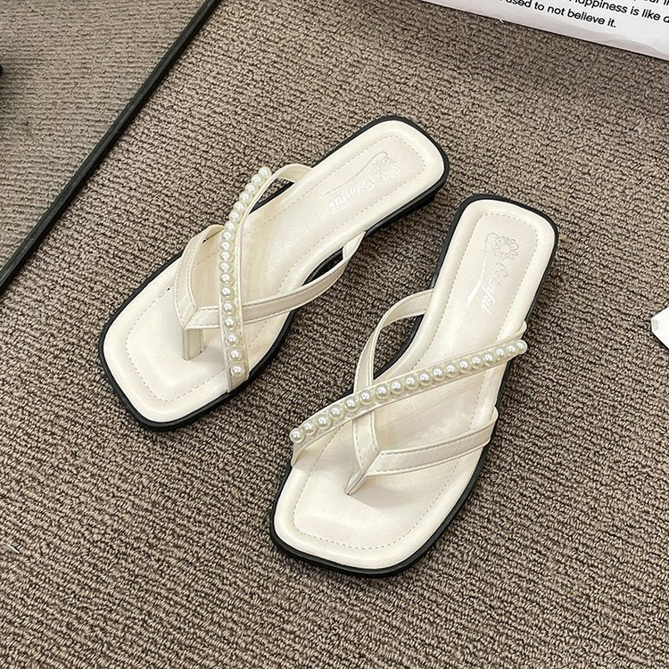 Women's Flip Flops, New French Style Pearl Thin Strap Women Shoes, Versatile Street Shoot Fairy Style Flat Outdoor Wear - pokema604fa76a1dedd3b4ec89292b6c410f70
