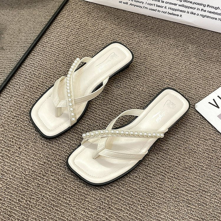 Women's Flip Flops, New French Style Pearl Thin Strap Women Shoes, Versatile Street Shoot Fairy Style Flat Outdoor Wear - pokemab9033064db452b13cc160617f28fead9