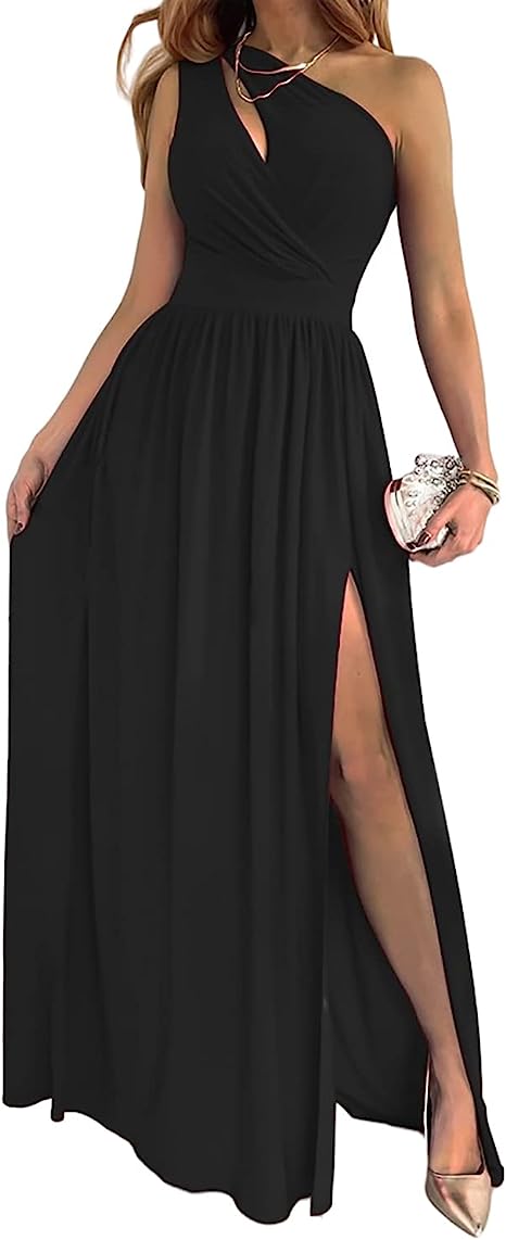 Women's One Shoulder High Split Cutout Sleeveless Elegant Sexy Cocktail Maxi Dress - pokema44bc5723a9bfc0fd682b28d34aef6050
