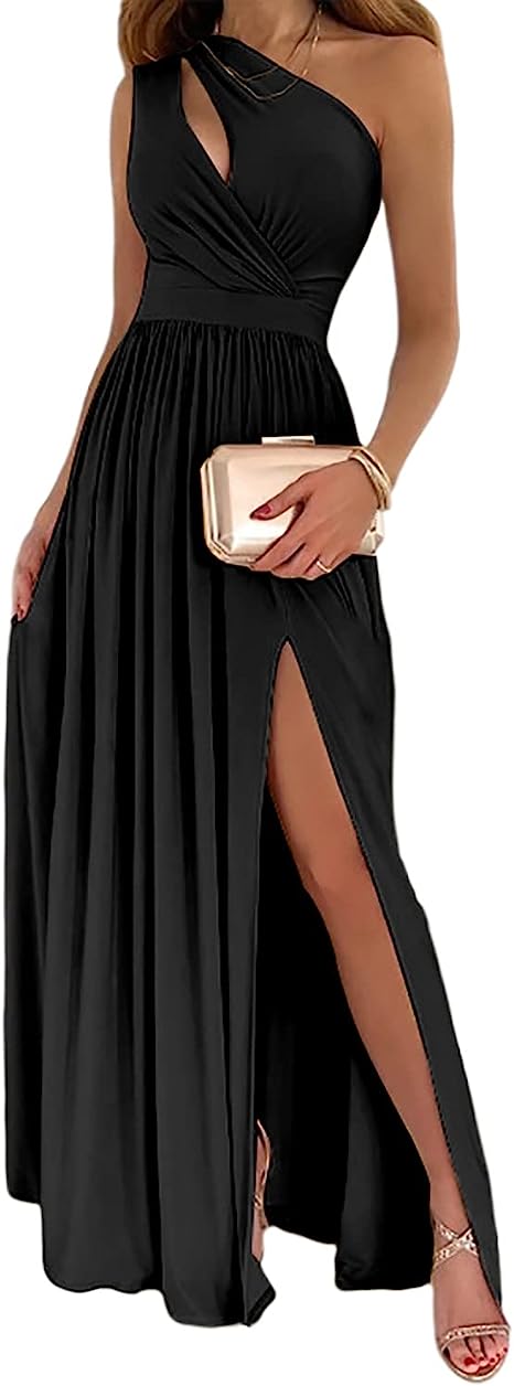 Women's One Shoulder High Split Cutout Sleeveless Elegant Sexy Cocktail Maxi Dress - pokemaaa40b322f0d83c30a8272b8b8eada73b