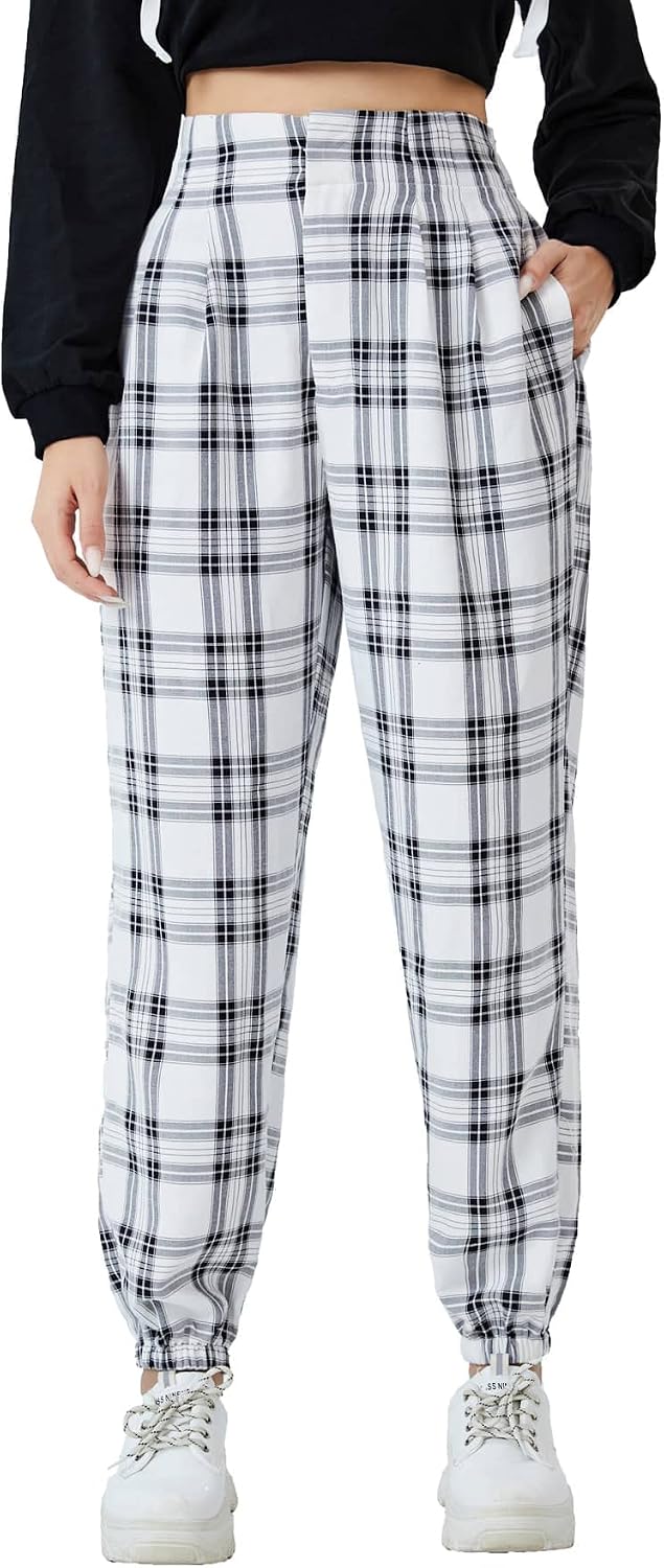 Women's Plaid High Waisted Tartan Pants with Pockets - pokemaWomen's Plaid High Waisted Tartan Pants with Pockets