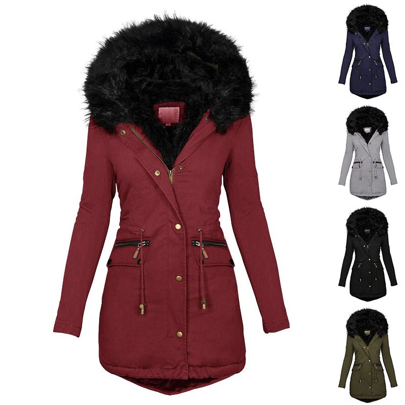 Women's Plush Hooded Parkas Winter Warm Thick Zip-up Jackets Casual Mid-length Solid Buckle Pockets Coat Outerwear Clothing - pokema446ca30ca675aa770339d371938a7de8