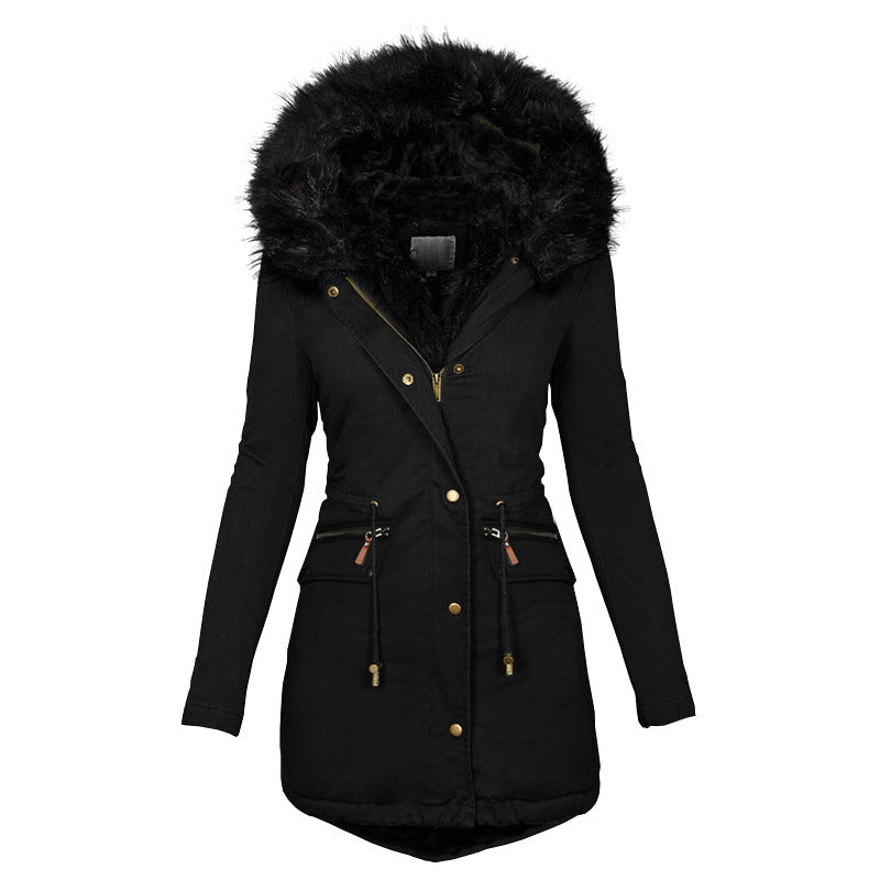 Women's Plush Hooded Parkas Winter Warm Thick Zip-up Jackets Casual Mid-length Solid Buckle Pockets Coat Outerwear Clothing - pokemacaba7aba73a15d9a8167a925199b491b