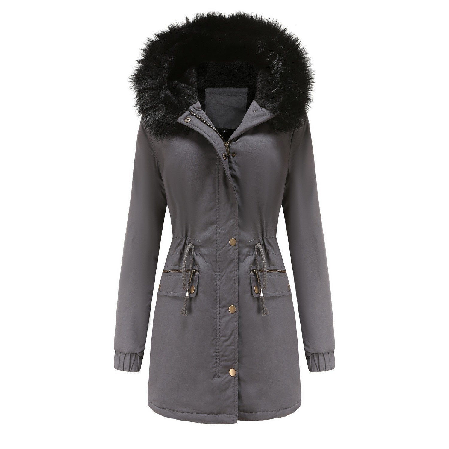 Women's Plush Hooded Parkas Winter Warm Thick Zip-up Jackets Casual Mid-length Solid Buckle Pockets Coat Outerwear Clothing - pokema73314522d0777b0856f43d9887023935