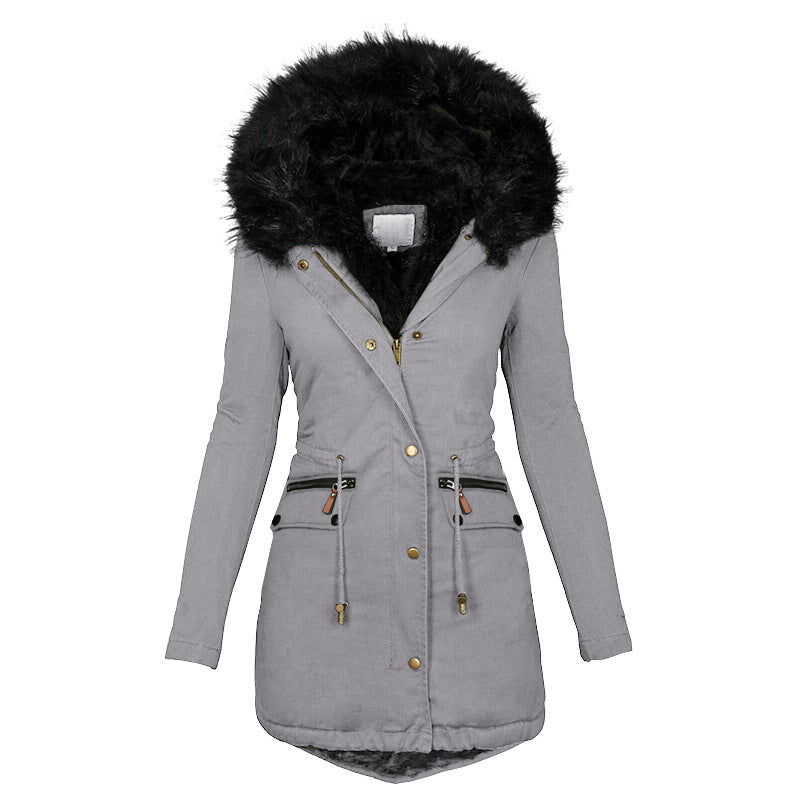 Women's Plush Hooded Parkas Winter Warm Thick Zip-up Jackets Casual Mid-length Solid Buckle Pockets Coat Outerwear Clothing - pokemad001e4d547405c89ec55c8c7becd77d7