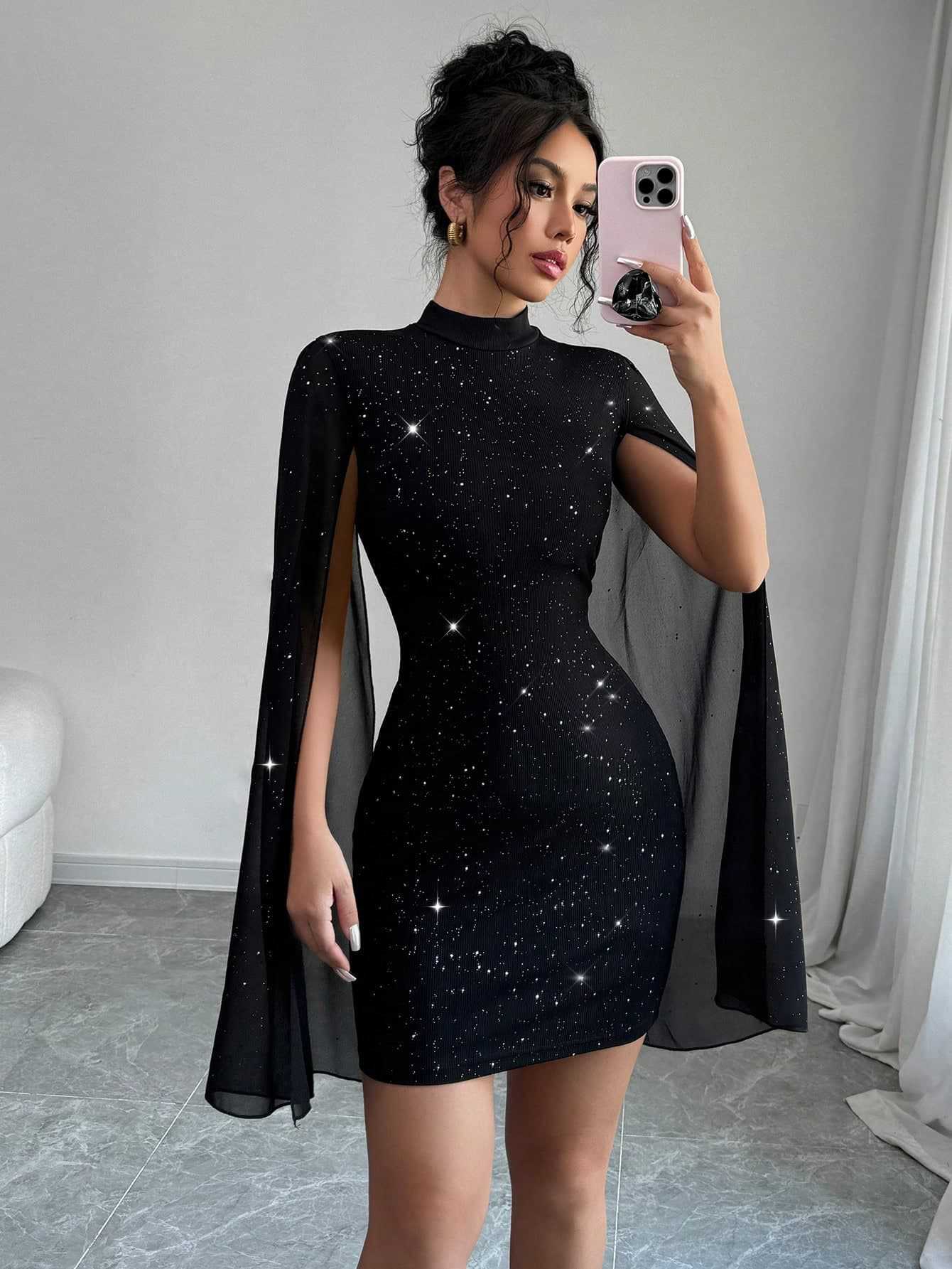Women's Sexy Elegant Evening Party Dresses Round Neck Pit Stripe Pearl Chiffon Cape Sleeve Wrapped Hip Dress - pokema12a766c395c6ca5d8fc3fd0c145c8b68