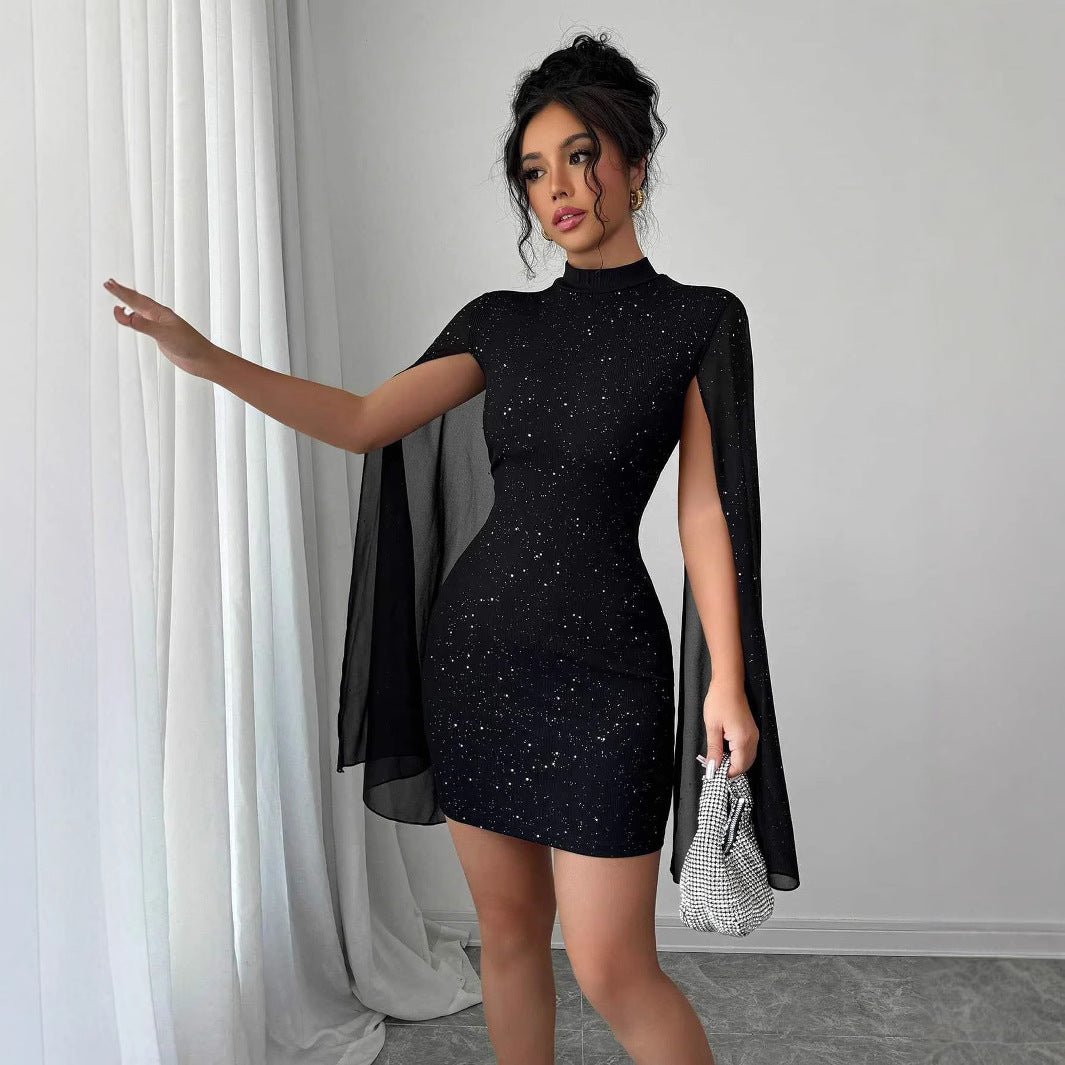 Women's Sexy Elegant Evening Party Dresses Round Neck Pit Stripe Pearl Chiffon Cape Sleeve Wrapped Hip Dress - pokemadef1ab0ffbfb4ec12af1cfd36def8c25