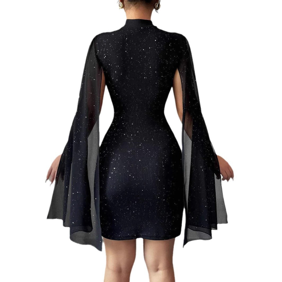 Women's Sexy Elegant Evening Party Dresses Round Neck Pit Stripe Pearl Chiffon Cape Sleeve Wrapped Hip Dress - pokemaec89ed7a71af26843cead14c7221dfdd