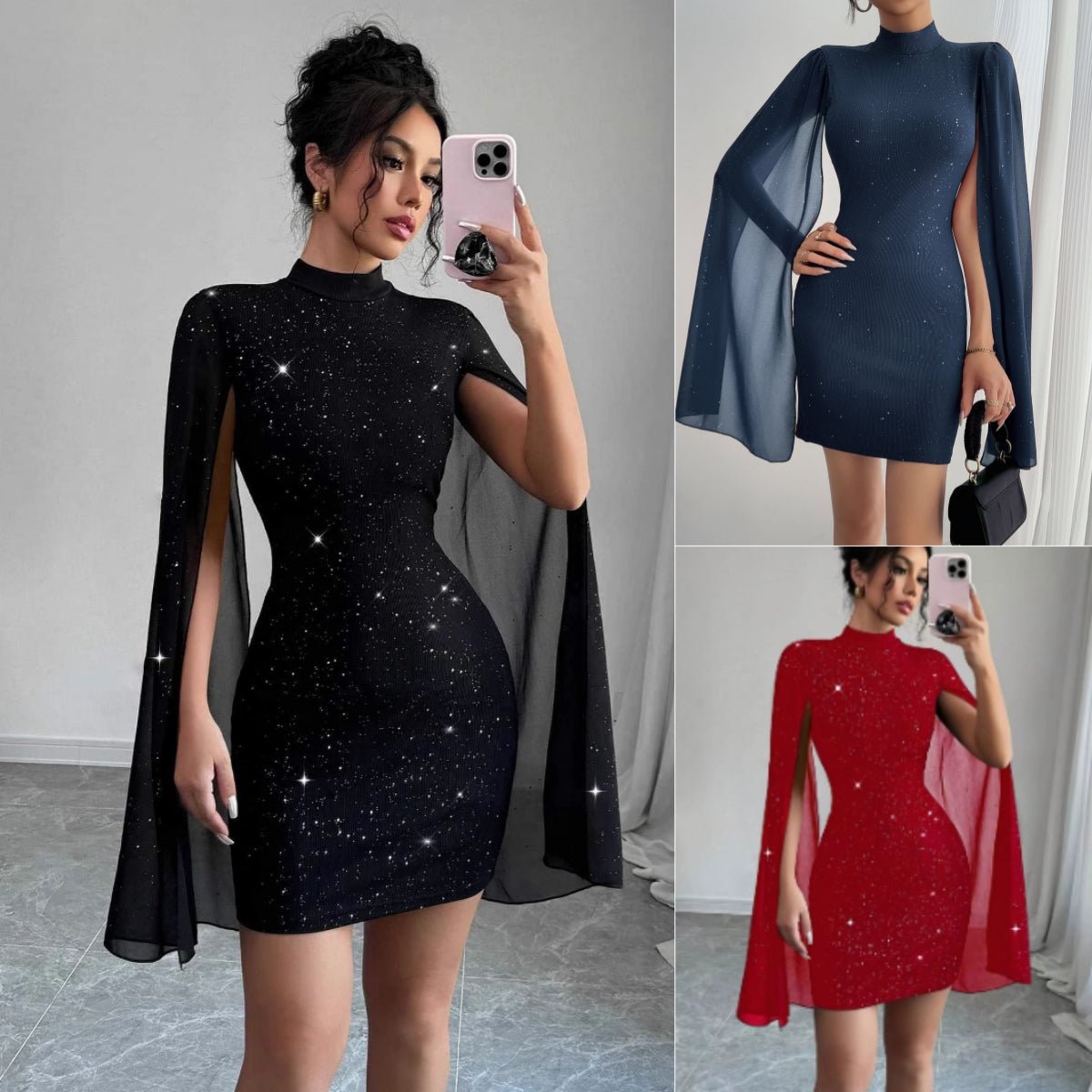 Women's Sexy Elegant Evening Party Dresses Round Neck Pit Stripe Pearl Chiffon Cape Sleeve Wrapped Hip Dress - pokema606d2c214991ab0d84f0cae4eb4bcf64