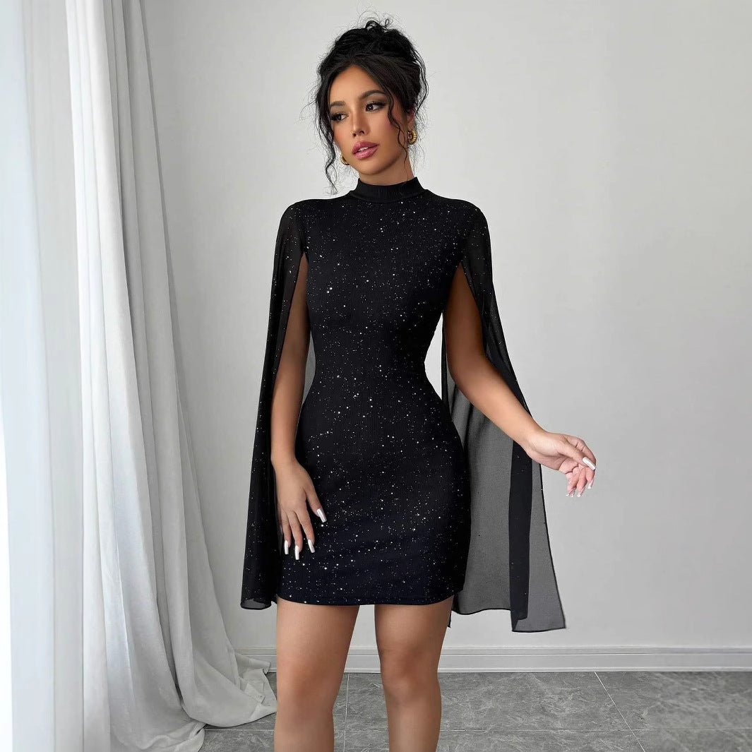 Women's Sexy Elegant Evening Party Dresses Round Neck Pit Stripe Pearl Chiffon Cape Sleeve Wrapped Hip Dress - pokema860b852ff6f473eefad451e63f51d29f