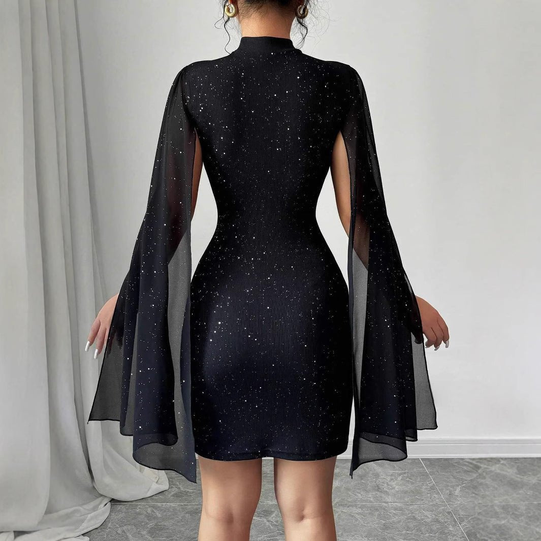 Women's Sexy Elegant Evening Party Dresses Round Neck Pit Stripe Pearl Chiffon Cape Sleeve Wrapped Hip Dress - pokema81e71748f59cf501187bd97837ae79e5