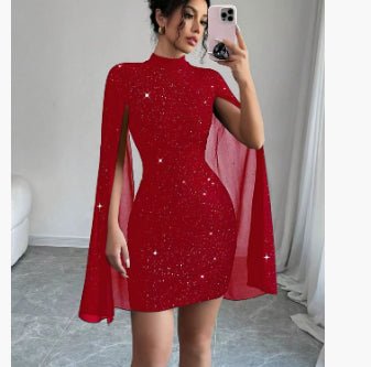 Women's Sexy Elegant Evening Party Dresses Round Neck Pit Stripe Pearl Chiffon Cape Sleeve Wrapped Hip Dress - pokema91e0e704633c75c348b8f9b27c91d8a9